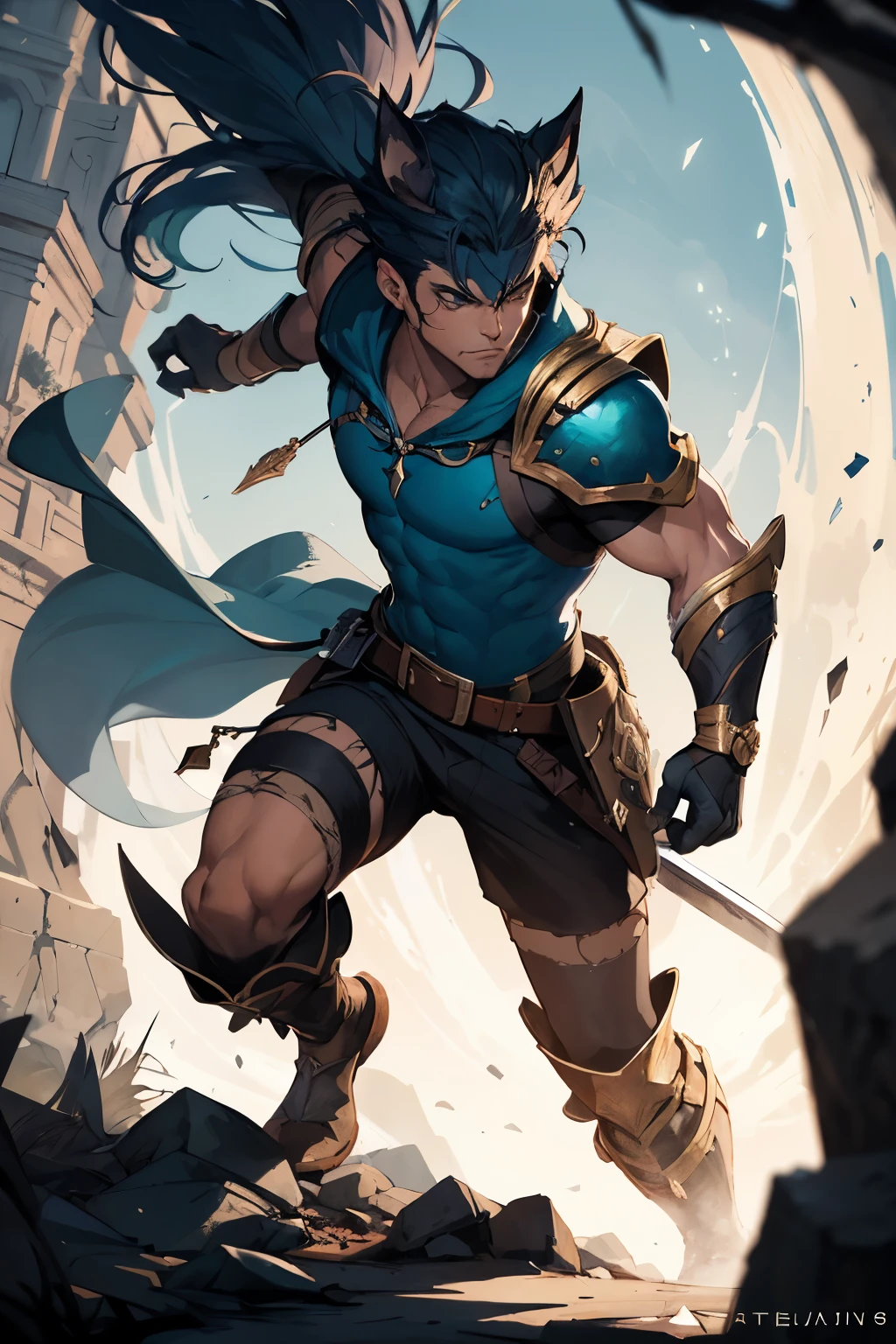 yasuo league of legends, obra maestra, mejor calidad, realista, 1boy, cabello largo azul, grande, armadura, mamado, espada de fuego azul, monkey yasuo