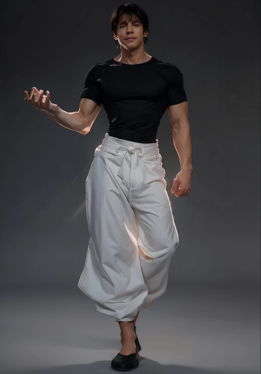 solo, looking at viewer, smile, short hair, simple background, shirt, black hair, 1boy, white background, standing, full body, short sleeves, male focus, pants, black shirt, muscular, scar, abs, muscular male, tight shirt, 3d realistic, hyperealistic, black belt
