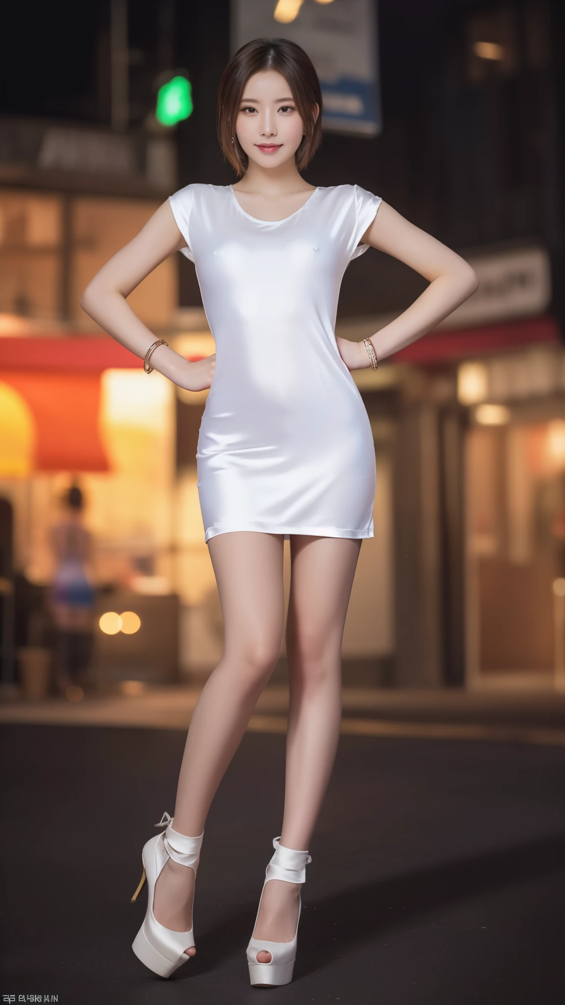 8K, table top, RAW photo, highest quality, realistic, Highly detailed CG Unity 8K wallpaper, Depth of bounds written, cinematic light, Lens flare, ray tracing, (very beautiful face, beautiful lips, beautiful eyes), face with intricate details, ((super dense skin)) 1 girl, in the dark, deep shadow, cute korean girl, Flashy makeup with red eyeshadow，her shortcut, Delicate light brown hair is slightly disheveled with side waves.，wearing large ring earrings，K-POP idol, 1 girl, (very slim and slender fit muscular body:1.3), ((looking at the viewer)),(big smile:1.3),  (sleeve fashion city night, Hand Precise，dark night, (neon sign), (blurred background), fashion street night),(no people in the background:1.3), beautiful earrings, bracelet, necklace, pantyhose, clear eyes, walk, (white skin), (big eye ace forward, ((upper body shot)), ((super mini color silk dress:1.3)),(brown hair),((tight fit lace dress)), (See through), open chest, very slim, medium breasts, backtracking,((buckshot)), See through, Medium Butt, Ultra Super Mini Skirt, updo hair, Wearing black high heels，