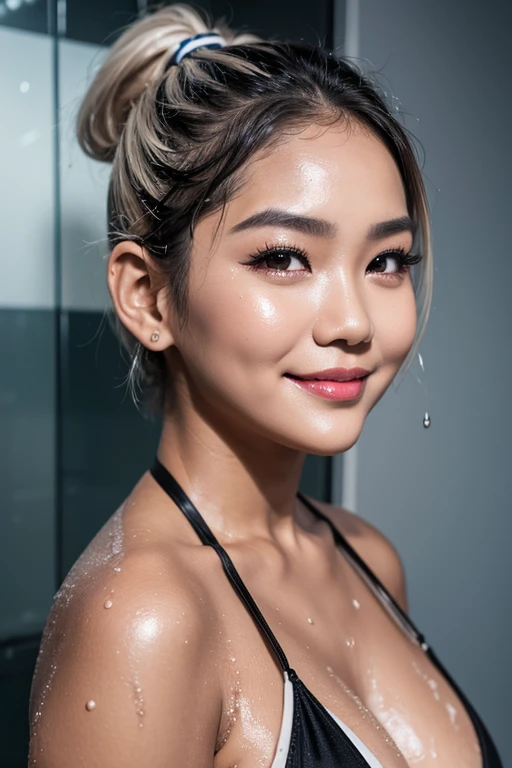 short hair、silver hair、Smiling in a black bikini、100 smiles%、thick body type、chubby elegant korean woman (30 years old)。brown skin、in the shower、wet hair、wet skin、colorful pigtails,anime ,))),beautiful girl, hyper detail, eye, adult, drops of paint, Tears of paint, woman made of paint, paint all over, splash of water, splash of water, (Highest image quality,4k,8k,high resolution,master piece:1.2),短いsilver hair,Ultra fine