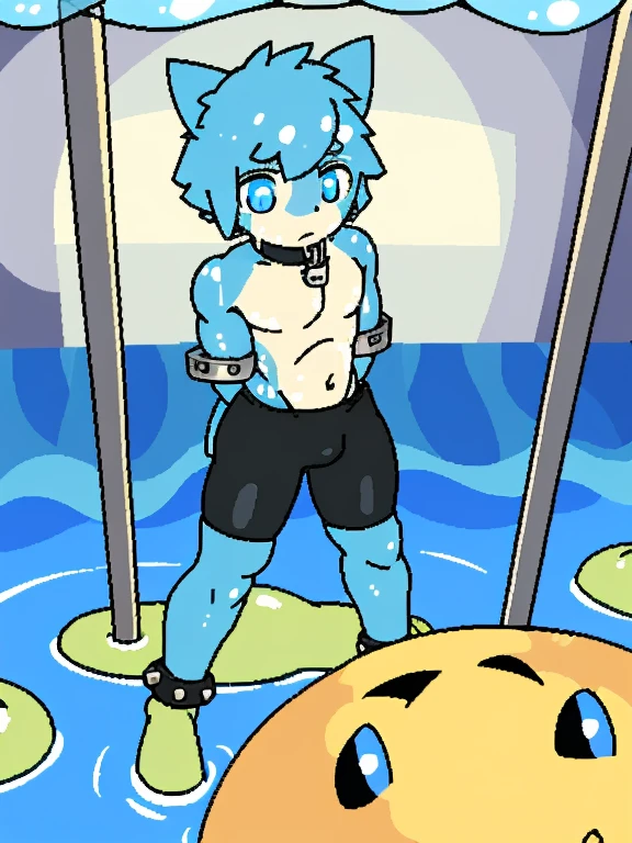 White skinned human being in handcuffs,collar,legs tied,Hands behind your back,blue eyes,steel bracelet,anklet,Swimming pants,muscle,into the slime,Blue cat ears,drizzle,(Ultra-detailed graphics),(masterpiece),(Ultra-detailed character portrayal),short hair,sfw,In prison