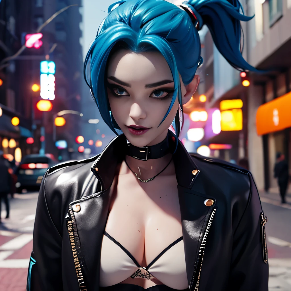 goth, excited, pale skin, smoky eyes, vivid colors, punk clothing, punk rock hairstyle, black lips, cyan hair, abandoned street, body view,