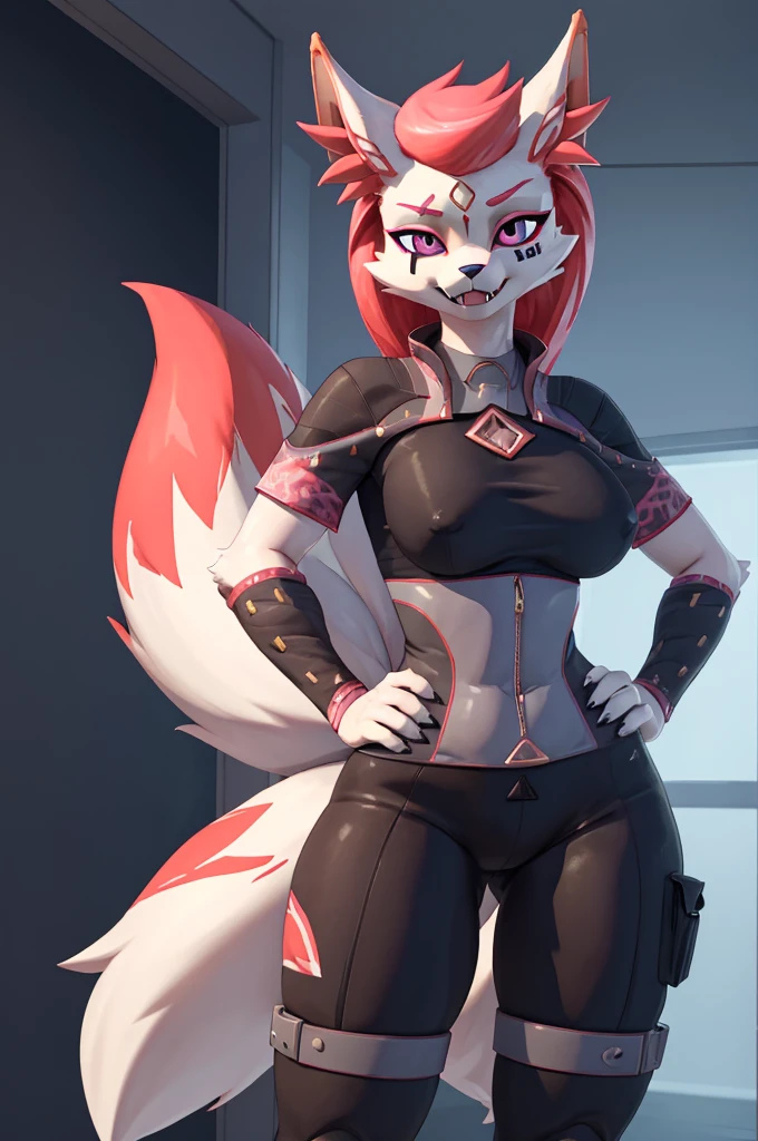 Kimiko five-tails, skin tight outfit, fangs, hand on hip, white fur, face markings, voluptuous, seductive, masterpiece, realistic, best quality, ultra detail, ultra high res, extreme detail, highres, 8k