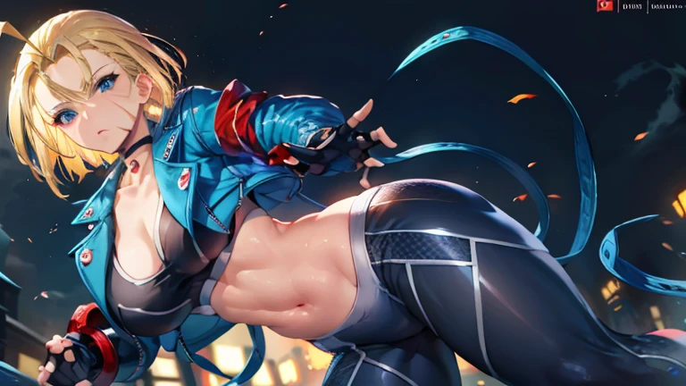 masterpiece, highest quality, High resolution, 1 girl, cammy white, short hair, antenna hair , blonde hair , blue eyes , Scar on left cheek, black choker, clavicle, blue jacket,　Black inner shirt, cropped jacket, open jacket, play sports often, abdomen, fingerless gloves, black gloves, Long black pants, Navel exposed , combat readiness , Punch me , frown , view audience , eyes with blue light