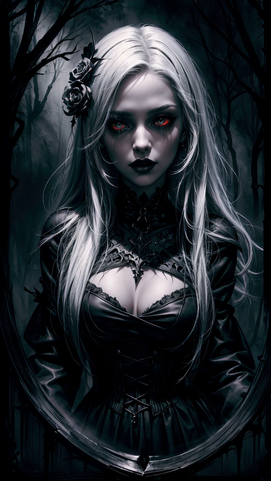 A Gothic image, women in black dress, white hair, Black lipstick, Red eyes, horror theme, dark forest background, portrait, Gothic women, masterpiece quality, UHD, super detailed image, sharp image, 