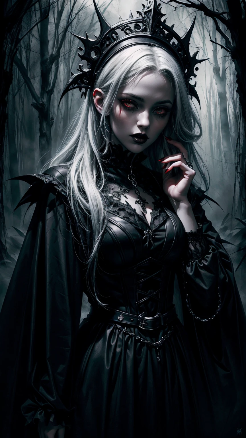 A Gothic image, women in black dress, white hair, Black lipstick, Red eyes, horror theme, dark forest background, portrait, Gothic women, masterpiece quality, UHD, super detailed image, sharp image, 