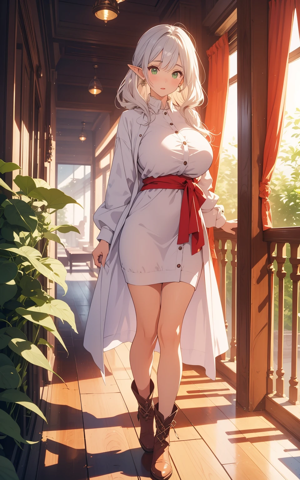 anime female character in white outfit with white coat,
BREAK
, elf, white hair, grey hair, earrings, pointy ears, long hair, ponytail, green eyes, twintails, parted bangs, thick eyebrows, (Beautiful,Huge_Breasts:1.3), milf,
BREAK
, 1girl, solo, Standing in the garden, full body, full figure,
BREAK
, A breathtakingly beautiful garden filled with vibrant flowers, lush green plants, and a crystal-clear pond. The air is filled with the sweet scent of blooming flowers, and rays of golden sunlight gently filter through the leaves, creating a magical atmosphere, 
BREAK
, white outfit with white coat, green boots, brown footwear
BREAK
, beautiful detailed eyes, beautiful detailed lips, extremely detailed eyes and face, long eyelashes,
BREAK
, medium: oil painting, atmospheric lighting, dreamy color palette, detailed interior decoration, quiet and peaceful ambiance,
BREAK
, (best quality,4k,8k,highres,masterpiece:1.2), ultra-detailed,