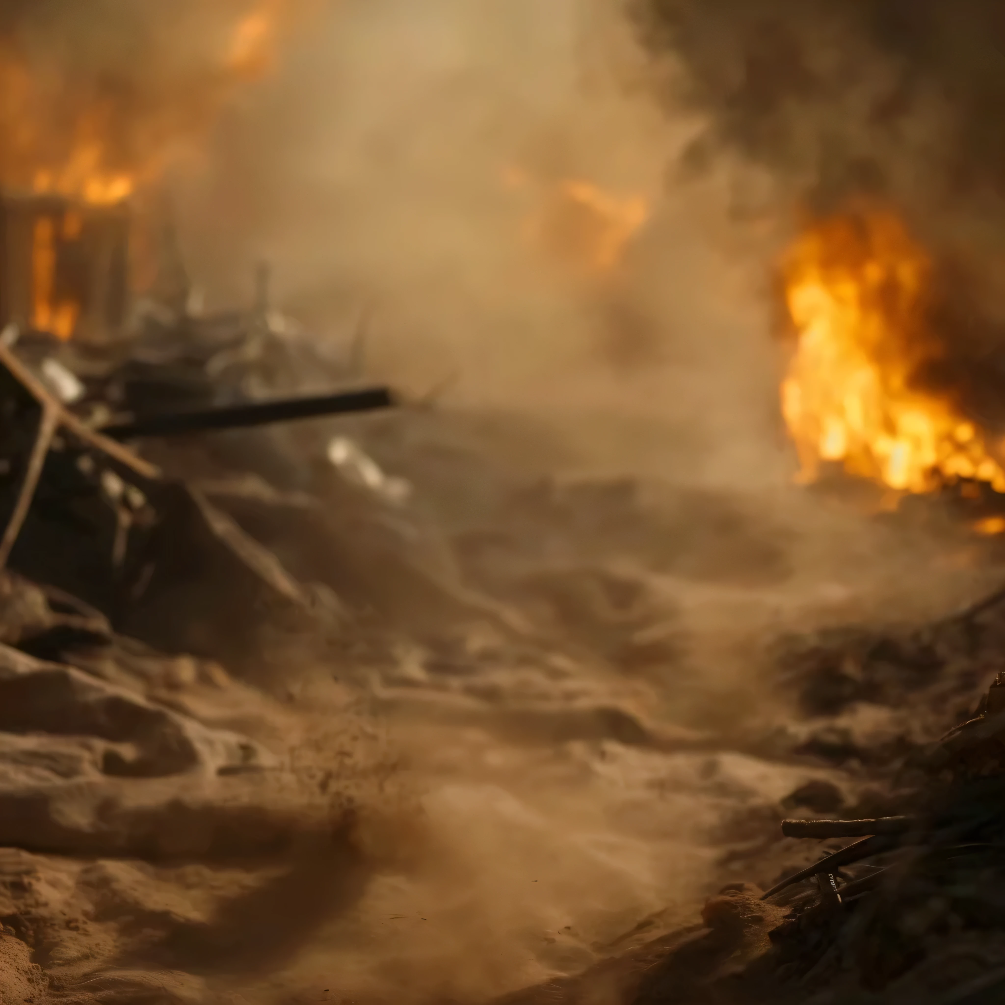 a close up of a fire burning in a dirty area, detailed cinematic shot, highly detailed vfx scene, unreal engine 5 4 k uhd image, film still from dune 2020, scene from dune 2 0 2 1 movie, vfx movie closeup, burning scene in the background, unreal engine. film still, vfx render, highly detailed vfx, shot from cinematic