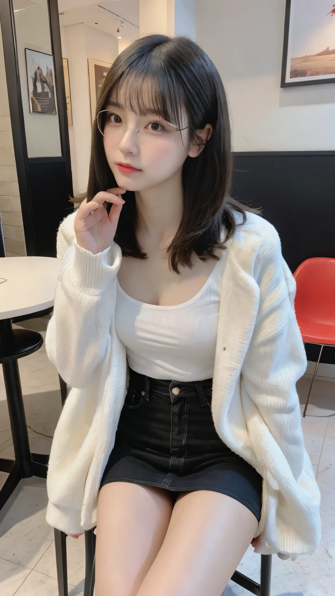 table top, highest quality, figure, super detailed, finely, High resolution, 8k wallpaper, 完璧なダイナミックな構figure, beautiful and fine eyes, woman&#39;s fashion fluffy winter clothes,Wearing sunglasses，medium hair,small breasts natural color lip, bold sexy pose、20 year old girl、cute、sexy shot looking at camera,RAW photo,anatomically correct body,blur the background,perfect and beautiful face,KPOP idol face,Slim face and body、Wearing a black miniskirt，Wearing black high heels，sitting in a chair，