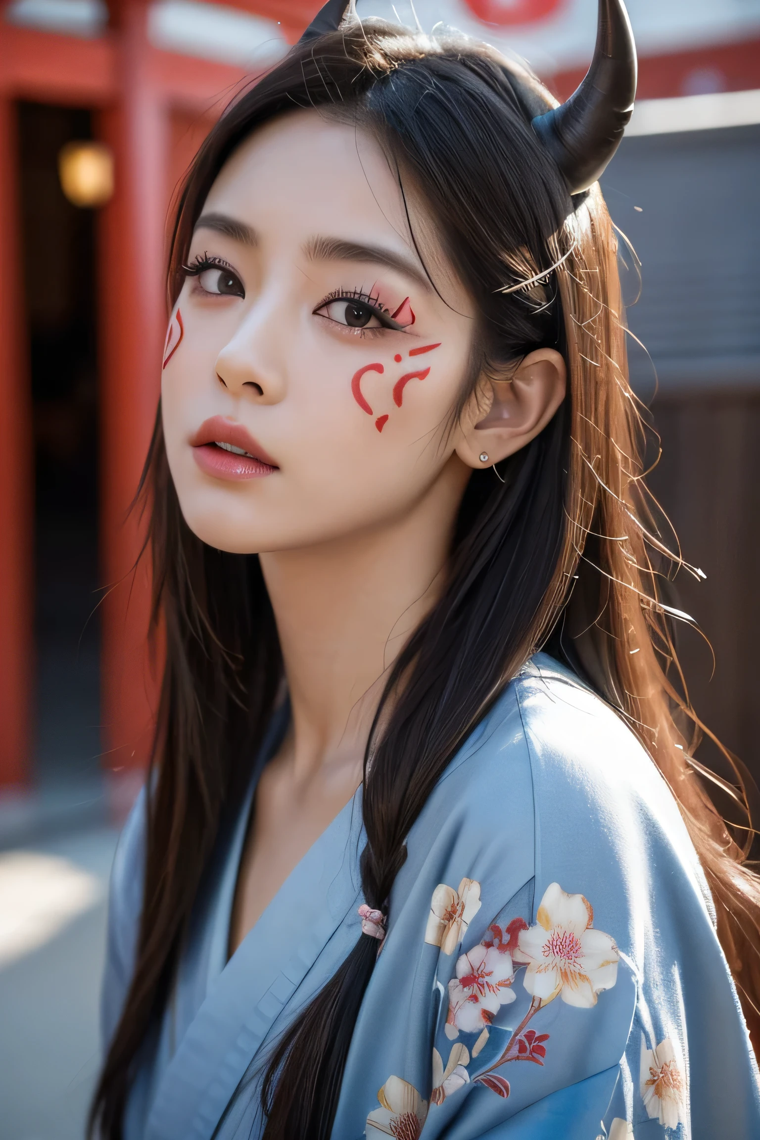(masterpiece:1.2), ultra detailed, ultra high res, (realistic, photo realistic:1.37), high detail RAW color photo, professional photograph, extremely detailed face, extremely detailed eyes, extremely detailed skin, extremely detailed fingers, highly detailed nose, highly detail mouth, Perfect Anatomy, Highly detailed background, (famous actress of Japan:1.2), (gyaru:1.2), (flat chest), brown race, dark skin, a girl in patterned kimono, (face tattoo), (small oni horn), full body, split in half
