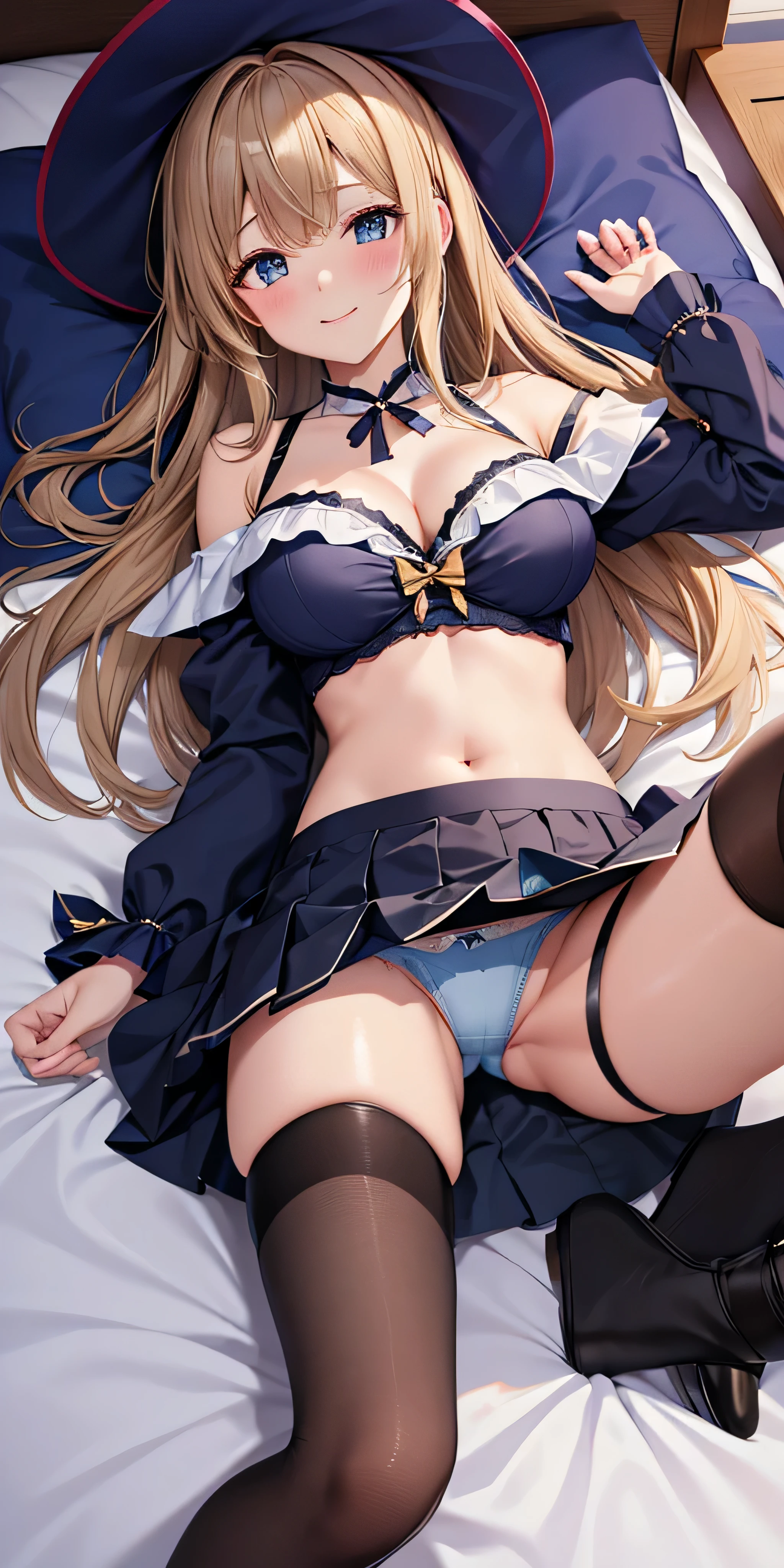 debris flies, highest quality, Highly detailed CG Unity 8K wallpaper, sexy witch , Long length hair、Dark blonde wavy hair、off shoulder knit, dark blue pleated skirt, stockings、medium breasts, saggy breasts, Pose that emphasizes the chest, blush, shy smile, bare shoulders, (((lift up the skirt with both hands、open your legs wide、please open your knees、touch crotch))）、、nice magic book、church bed、lying in bed、、light blue panties、light blue bra