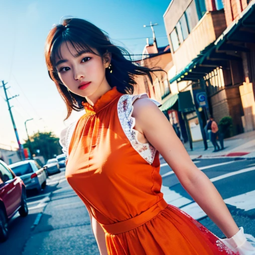 a woman posing on the street corner with light orange dress on, highest quality, High resolution, 8K, 1 girl, (small breasts), Day, bright, outdoor, (street:0.8), (people々, crowd:1), (dress trimmed with lace:1.5, light orange clothes:1.5, orange high neck dress:1.5, sleeveless dress, orange dress: 1.5), nice, (medium hair), beautiful and detailed sky, beautiful earrings, (dynamic pose:0.8), (Upper body:1.2), soft lighting, Wind, shiny skin, looking at the viewer, Innocent like an elementary school student、Short height around 140cm、Full body figure、
