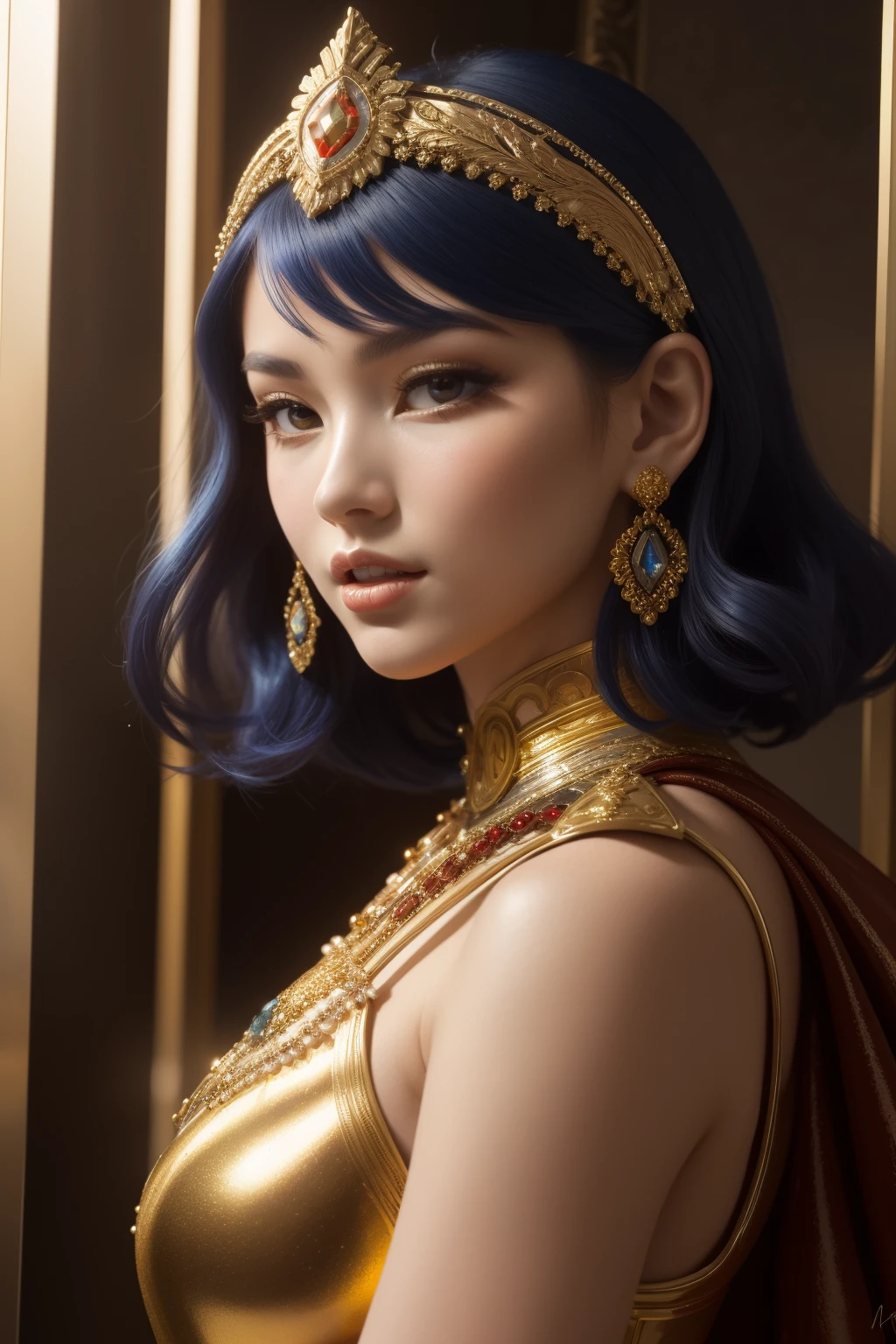 beautiful female warrior, short blue hair, shimmering jewels armor, in the style of Alfons Mucha, with emphasis on light play and the transparency of the glass, High and short depth of field, Ray tracing, FHD, hyper quality --ar 9:16 --s 1000 --v 6.0
