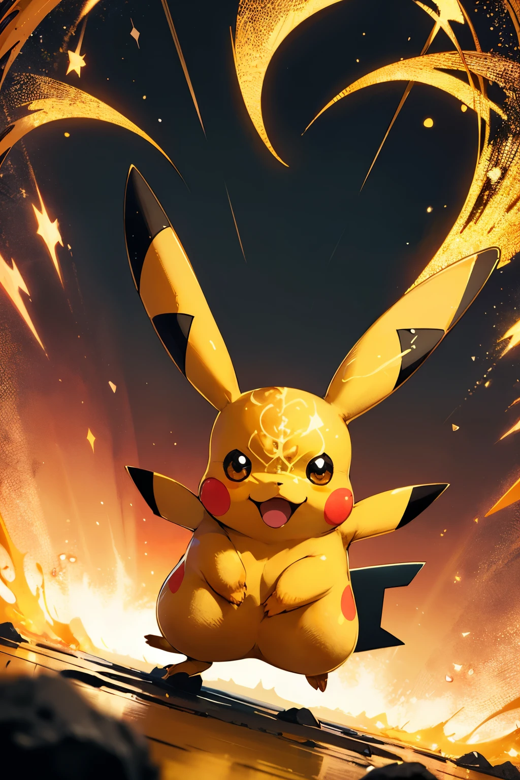 Warrior pikachu in action position, A beautifully drawn (((Pokémon Pikachu))), its golden scales interwoven with the intricate details of Forge Rotation glyphs, with advanced particles swirling around its form