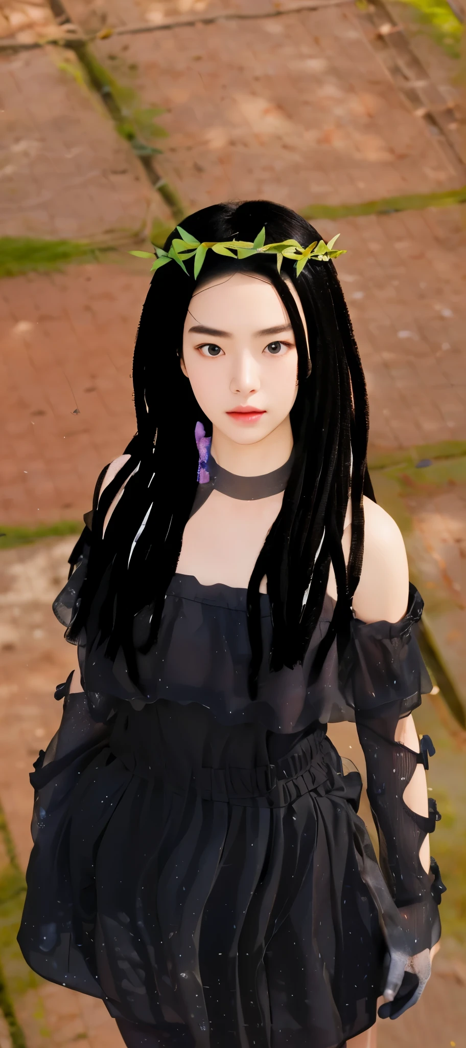Real life adaption of this character, teen Korean beauty face, wear realistic same outfit,There is a headband made from green twigs, realistic background,realistic light, realistic shadow, realism, hyper realistic,(photorealistic 1:2),