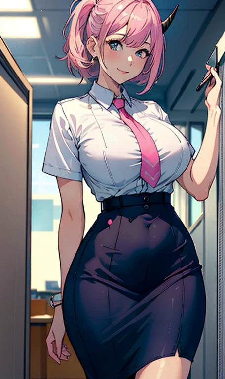 ((masterpiece, best quality)), (1girl),((mature female)), lightpink hair, halo, horn, ((office lady )),bangs,middle breast,(busty),slim,smile, [wide hips],office,standing, aru \(blue archive\),