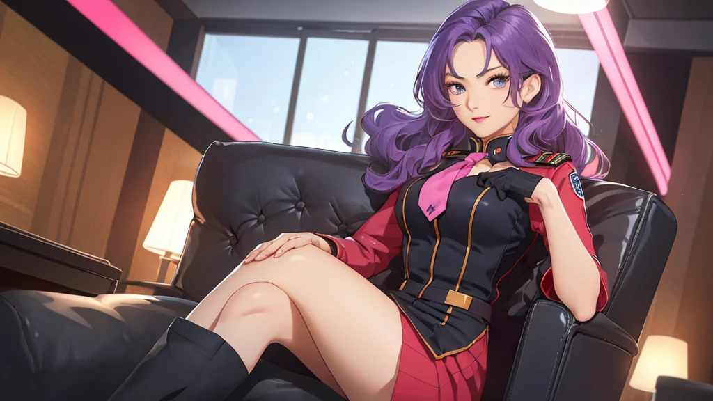 red,Pink military uniform,
purple hair ,blue eyes,lipstick, long hair,
1 girl, 20 years,young women,beautiful Finger,beautiful long legs,beautiful body,beautiful Nose,beautiful character design, perfect eyes, perfect Face,expressive eyes, looking at the audience, in the center of the image,(Light_Smile:0.5), official art,Extremely detailed CG unified 8k wallpaper, perfect Lighting,rich and colorful, bright_front_Face_灯Light,有Light泽的皮肤, (masterpiece:1.0),(the best_quality:1.0), 超high resolution,4K,Super detailed, photography, 8k, human development report, high resolution, ridiculous:1.2, Kodak Portrait 400, film grain, blurred background, Bokeh:1.2, 镜头Light晕, (energetic_color:1.2) (beautiful,big deal_breast:1.0), (beautiful_Face:1.5),(narrow_waist)  full body sitting position, wear, elite, velvet, deep Purple, small tie. he himself, boss, momentum, Full HD, ......International Organization for Standardization, The law office features modern design furniture, 包括black色和灰色皮革软垫的扶手椅, Chrome base tempered glass coffee table, 实木会议桌搭配black色皮椅, There is also a built-in bookcase，Inside there are law books bound in brown leather. ?" 其 11 叶片圆形Light圈和 XA 镜头元件一起提供了漂亮的Bokeh效果. also, 镜头配备Light圈环，You can switch between no-click and no-click actions, a dust and moisture resistant design, and four XD linear autofocus motors，Provides fast and accurate autofocus and tracking. 这款镜头为索尼photography师提供了出色的人像拍摄工具, night view, 和一般photography."Legs up, Sitting on the sofa, black, black色高跟鞋