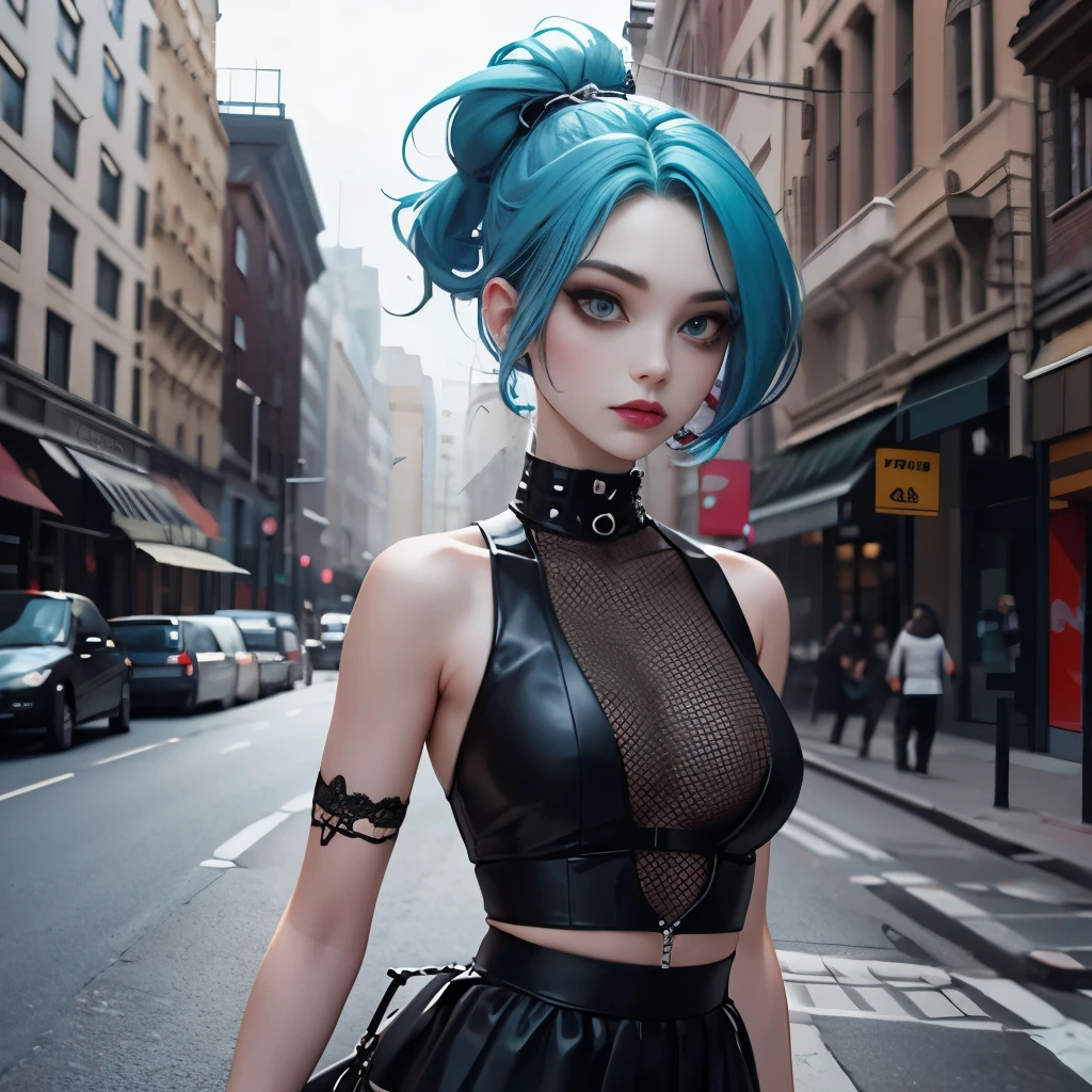 goth, excited, pale skin, smoky eyes, vivid colors, punk clothing, punk rock hairstyle, black lips, cyan hair, abandoned street, body view, 