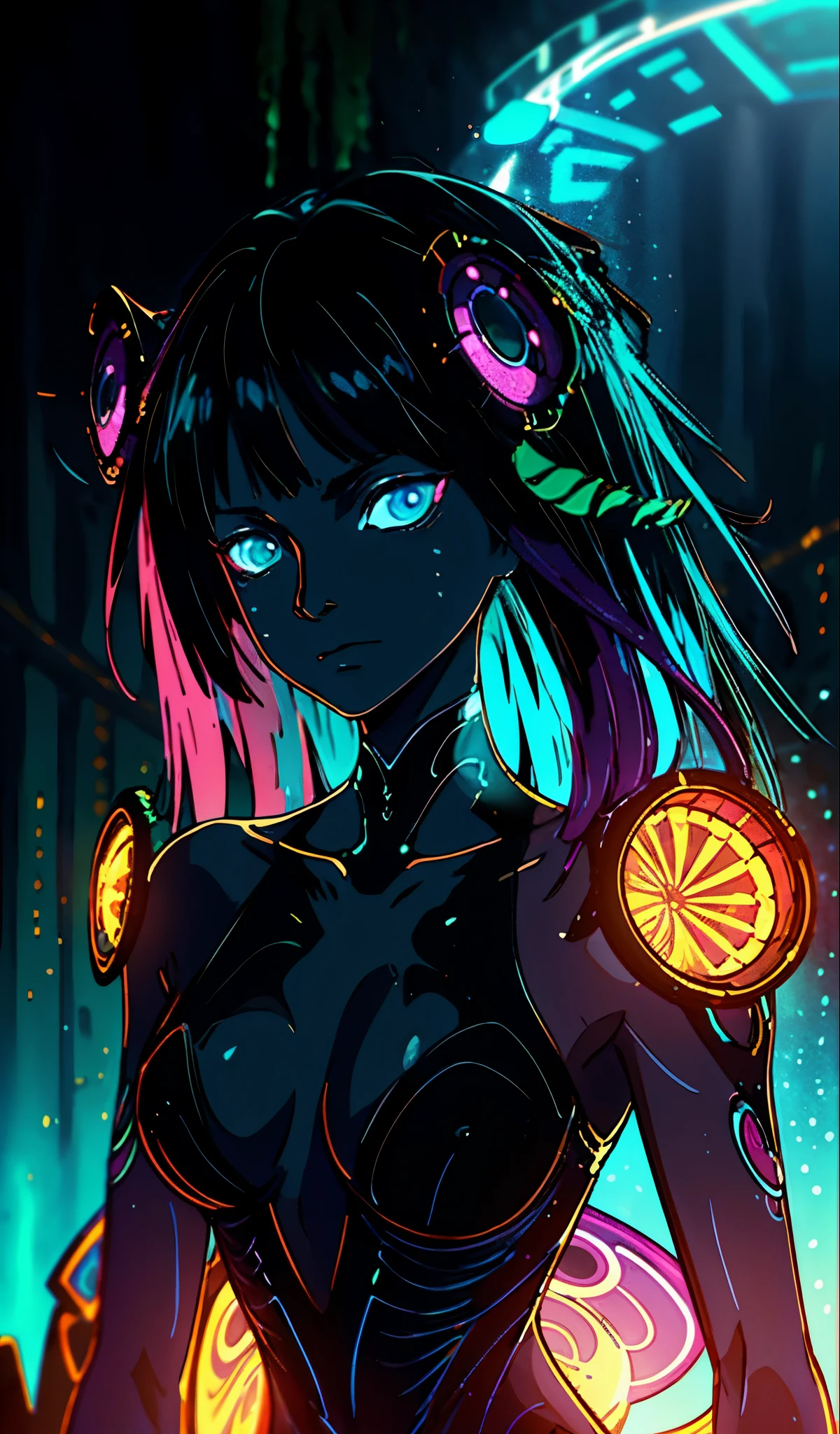 portrait | wide angle shot of eyes off to one side of frame, lucid dream-like woman, looking off in distance ::8 style | daydreampunk with glowing skin and eyes, styled in headdress, beautiful, she is dripping in neon lights, very colorful blue, green, purple, bioluminescent, glowing ::8 background | forest, vivid neon wonderland, particles, blue, green, purple ::7 parameters | rule of thirds, golden ratio, assymetric composition, hyper- maximalist, octane render, photorealism, cinematic realism, unreal engine, 8k