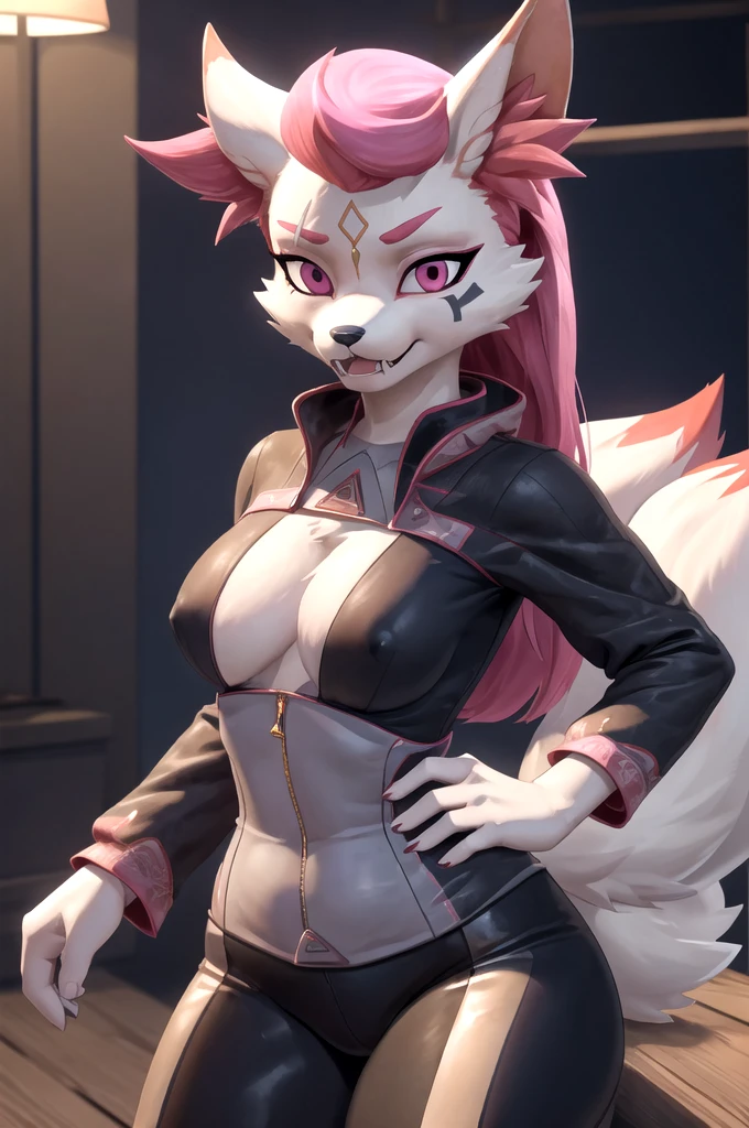 Kimiko five-tails, skin tight outfit, fangs, hand on hip, white fur, face markings, seductive, pink hair, pink eyes, 1girl, masterpiece, realistic, best quality, ultra detail, ultra high res, extreme detail, highres, 8k