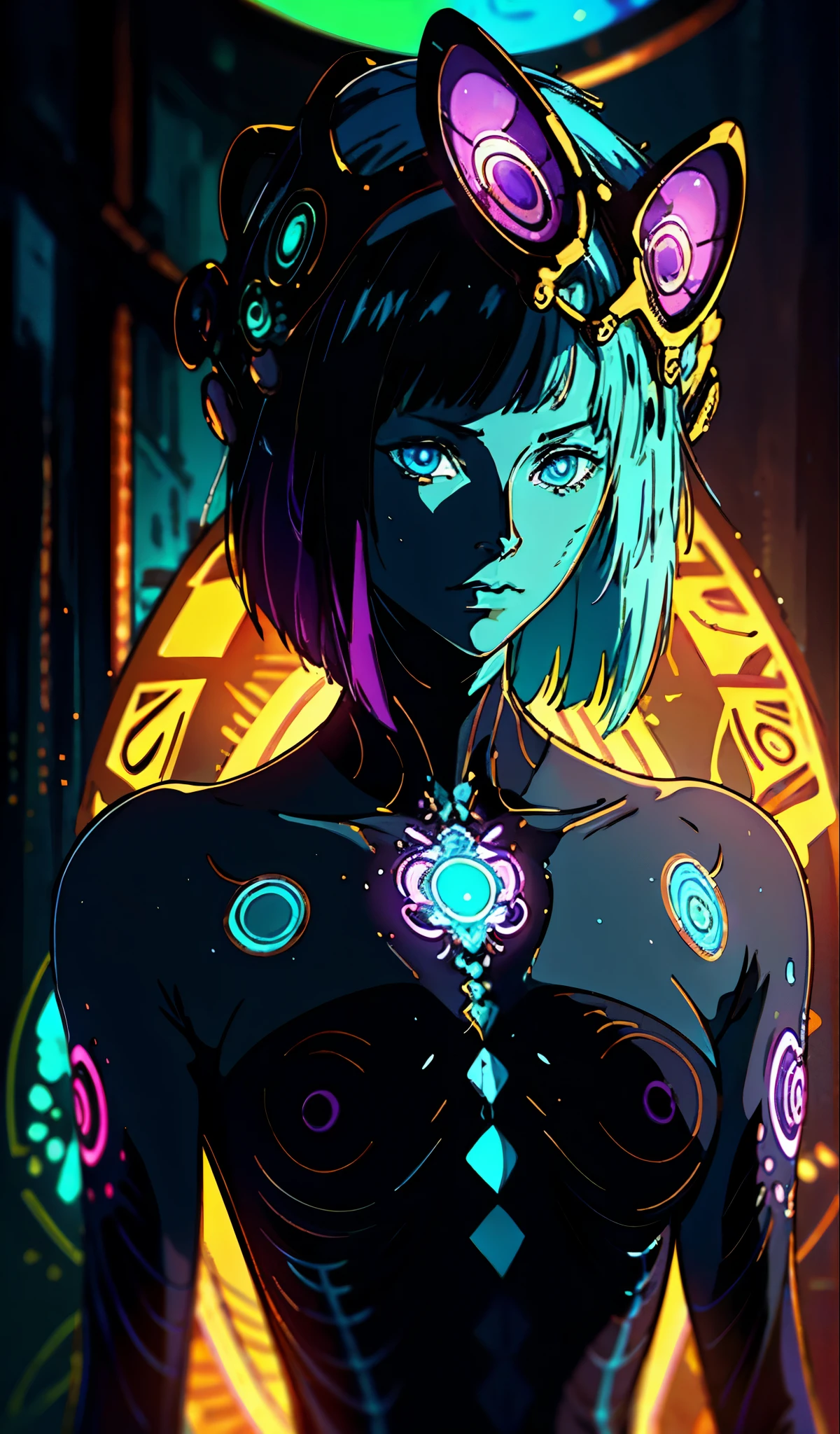 portrait | wide angle shot of eyes off to one side of frame, lucid dream-like woman, looking off in distance ::8 style | daydreampunk with glowing skin and eyes, styled in headdress, beautiful, she is dripping in neon lights, very colorful blue, green, purple, bioluminescent, glowing ::8 background | forest, vivid neon wonderland, particles, blue, green, purple ::7 parameters | rule of thirds, golden ratio, assymetric composition, hyper- maximalist, octane render, photorealism, cinematic realism, unreal engine, 8k