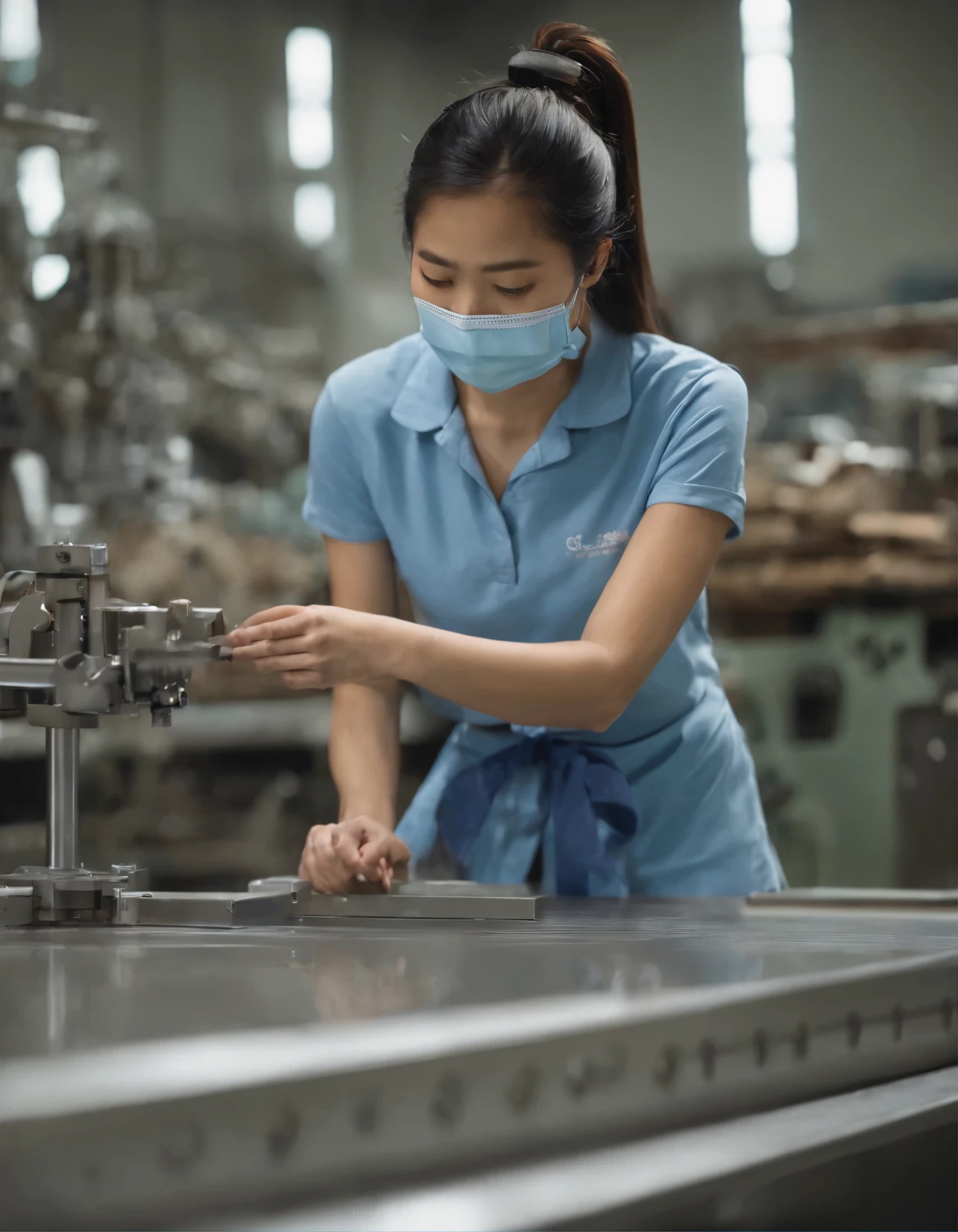 An Asian girl with a blue and white floral handkerchief tied in a high ponytail, wearing a blue mask, light blue jeans and a short-sleeved light blue T-shirt, sits by a production line. She lowers her head, using both hands to carefully polish the metal workpieces in front of her.realistic, and super detailed.