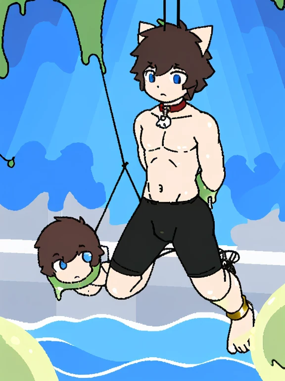 White skinned human being in handcuffs,collar,legs tied,Hands behind your back,blue eyes,steel bracelet,anklet,Swimming pants,muscle,into the slime,Blue cat ears,drizzle,(Ultra-detailed graphics),(masterpiece),(Ultra-detailed character portrayal),short hair,sfw,In prison,hanging in the air,hanging