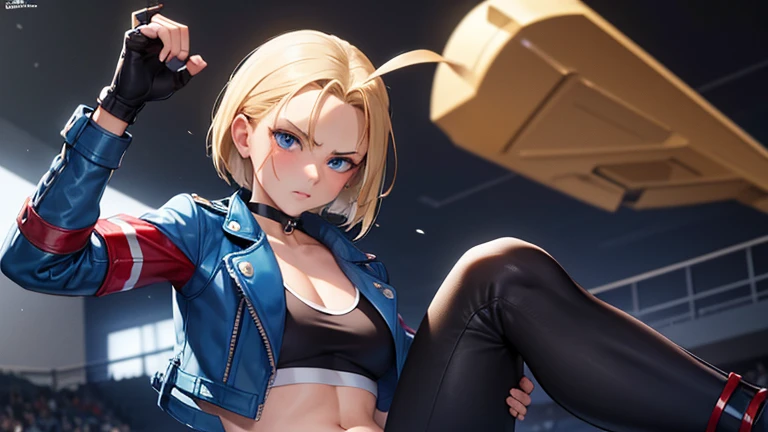 masterpiece, highest quality, High resolution, 1 girl, cammy white, short hair, antenna hair , blonde hair , blue eyes , Scar on left cheek, black choker, clavicle, blue jacket, Black inner shirt, cropped jacket, open jacket, play sports often, abdomen, fingerless gloves, black gloves, Long black pants, Navel exposed , combat readiness , Punch me , frown , view audience , eyes with blue light