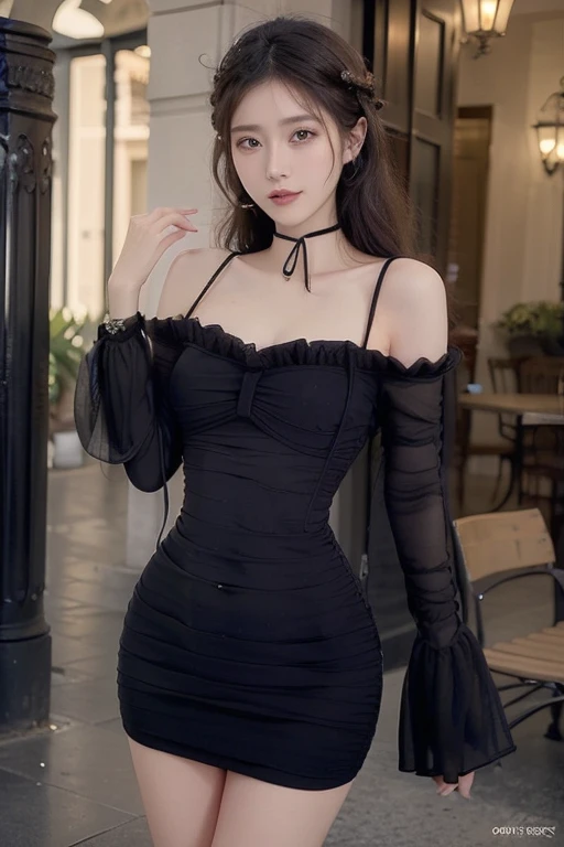 1girl, black dress,outdoors, standing, bare shoulders,