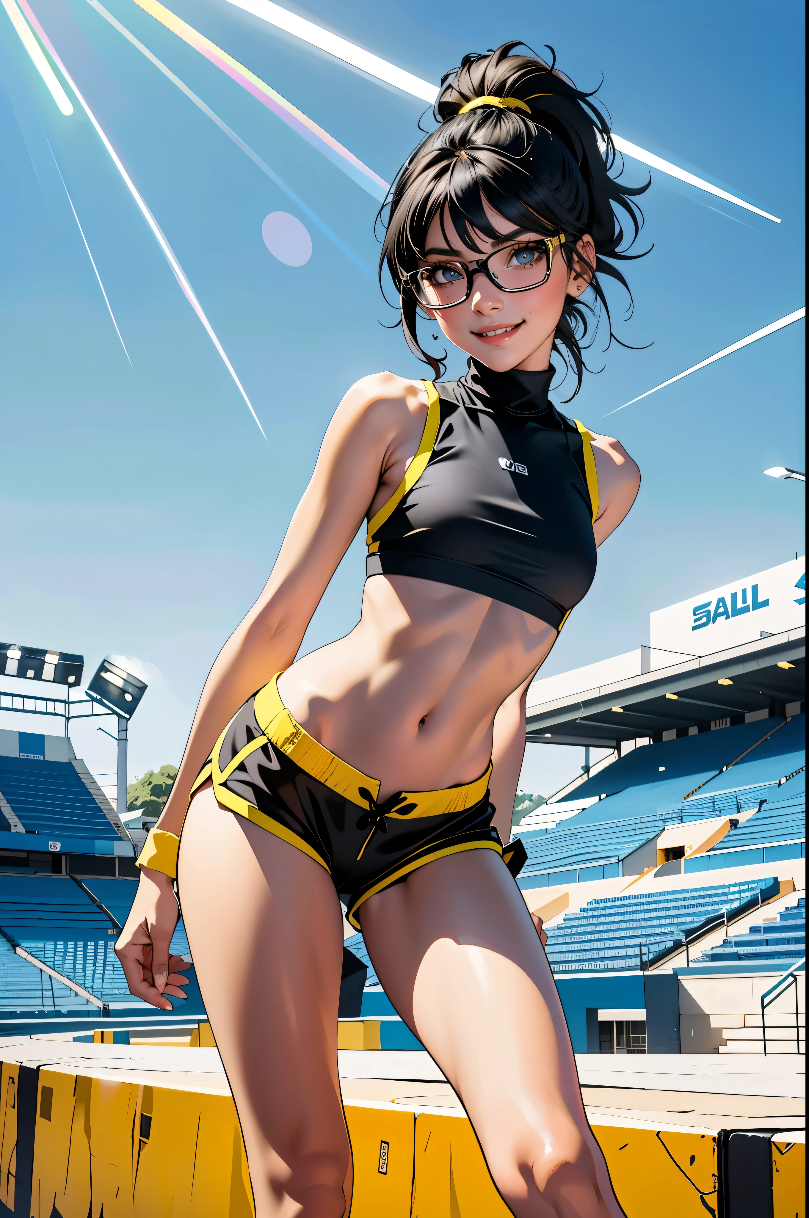 beautiful girl runner, , Prepare to practice running, Lean over to tie your shoelaces............................, black hair, Ponytail, smooth, smile a little..........................., wear glasses, ((Wear a sleeveless sports bar............................, Turtleneck, black and yellow shorts, (Under the breast))), The stomach has sexy lines............................, yellow running shoes, in the stadium stands, anime, high resolution