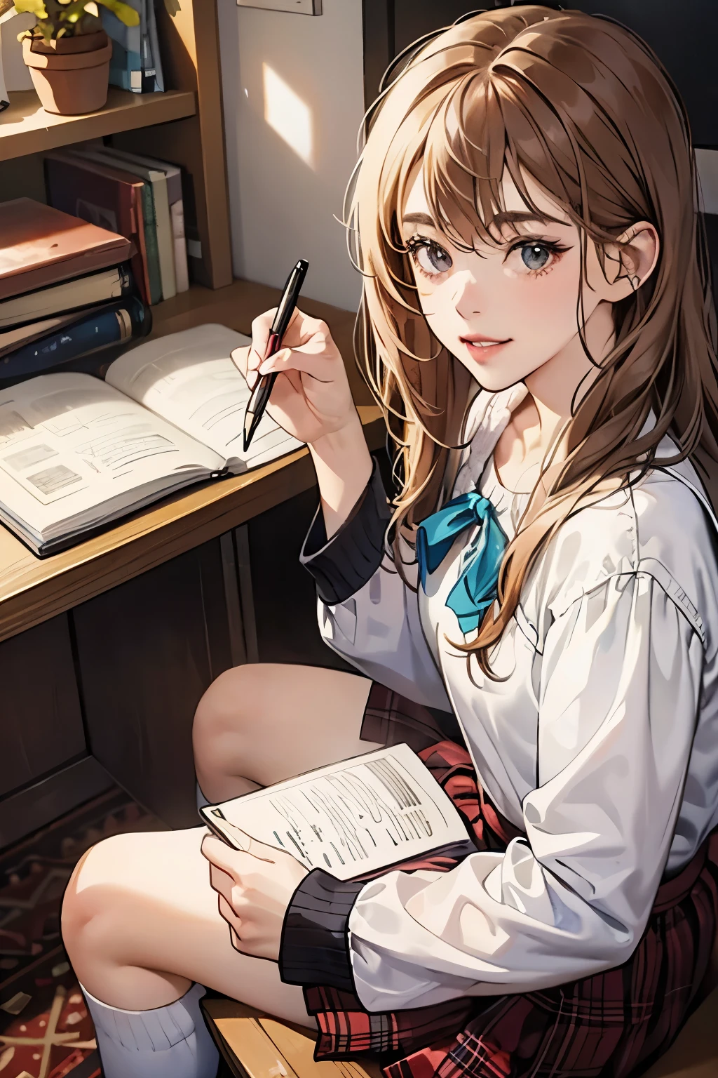 Girl --s2, (ultra-detailed, young and radiant complexion), flowing chestnut brown hair, sparkling hazel eyes,  nose, full lips with a gentle smile, pale pink blouse, plaid school skirt, knee-high socks, Mary Jane loafers, sitting cross-legged on a plush carpet, surrounded by books and stationery, holding a pencil and notepad, focused on her studies, saturated colors, soft lighting, shallow depth of field.
