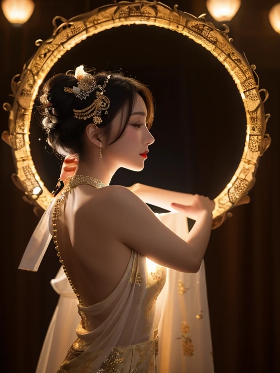 best quality, masterpiece, high resolution, 1 girl,Chinese dress,hair accessories,necklace, jewelry,pretty face,above_Body, Tyndall effect,lifelike, dark studio, edge lighting, two color lights,(High detail skin:1.2), 8k ultra high definition, SLR camera, soft light, high quality, Volumetric lighting, frank, photo, high resolution, 4K, 8k, Bokeh,