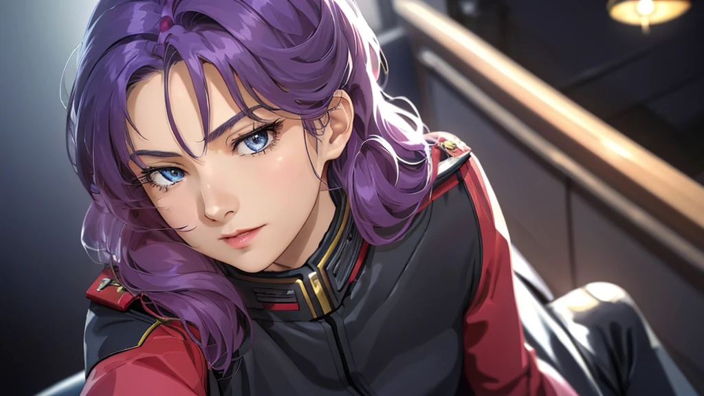 red,Pink military uniform,
purple hair ,blue eyes,lipstick, long hair,
1 girl, 20 years,young women,beautiful Finger,beautiful long legs,beautiful body,beautiful Nose,beautiful character design, perfect eyes, perfect Face,expressive eyes, looking at the audience, in the center of the image,(Light_Smile:0.5), official art,Extremely detailed CG unified 8k wallpaper, perfect Lighting,rich and colorful, bright_front_Face_灯Light,有Light泽的皮肤, (masterpiece:1.0),(the best_quality:1.0), 超high resolution,4K,Super detailed, photography, 8k, human development report, high resolution, ridiculous:1.2, Kodak Portrait 400, film grain, blurred background, Bokeh:1.2, 镜头Light晕, (energetic_color:1.2) (beautiful,big deal_breast:1.0), (beautiful_Face:1.5),(narrow_waist)  full body sitting position, wear, elite, velvet, deep Purple, small tie. he himself, boss, momentum, Full HD, ......International Organization for Standardization, The law office features modern design furniture, 包括black色和灰色皮革软垫的扶手椅, Chrome base tempered glass coffee table, 实木会议桌搭配black色皮椅, There is also a built-in bookcase，Inside there are law books bound in brown leather. ?" 其 11 叶片圆形Light圈和 XA 镜头元件一起提供了漂亮的Bokeh效果. also, 镜头配备Light圈环，You can switch between no-click and no-click actions, a dust and moisture resistant design, and four XD linear autofocus motors，Provides fast and accurate autofocus and tracking. 这款镜头为索尼photography师提供了出色的人像拍摄工具, night view, 和一般photography."Legs up, Sitting on the sofa, black, black色高跟鞋