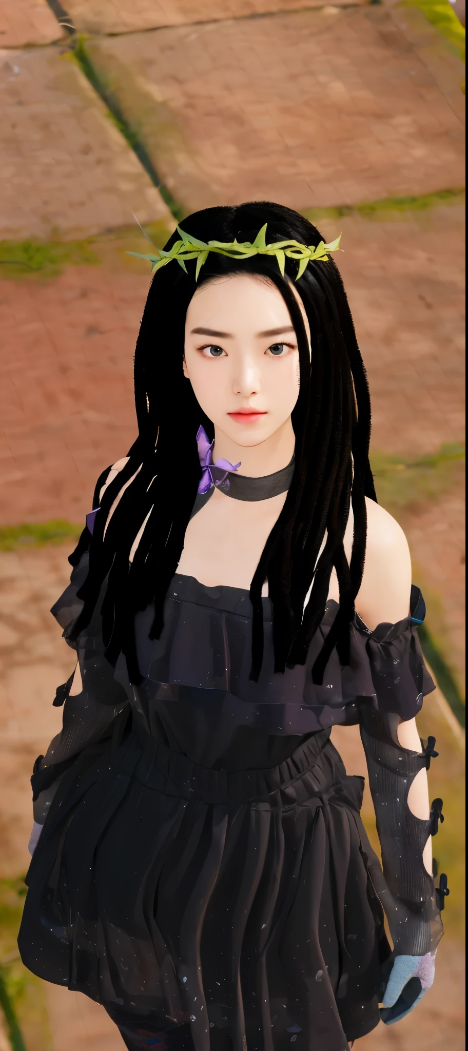 Real life adaption of this character, teen Korean beauty face, (wear realistic same outfit),wear realistic same hair,There is a headband made from green twigs, realistic background,realistic light, realistic shadow, realism, hyper realistic,(photorealistic 1:2),