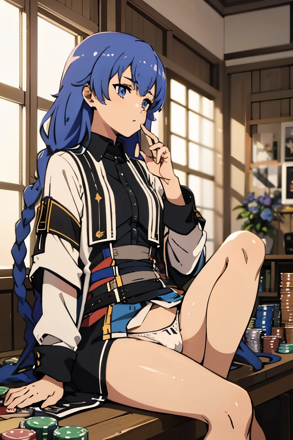 music_Miguldia(Mushoku Tensei)、1 girl, masterpiece、quality、blue eyes、dark blue hair、Double large braids}、{calm}、{superior}、{{kurta}}、Sartori、{calm}、Poker face、looking at the audience、{low angle}, {lower body}、national foundation, {{a sexy}}、spread their legs,white panties,