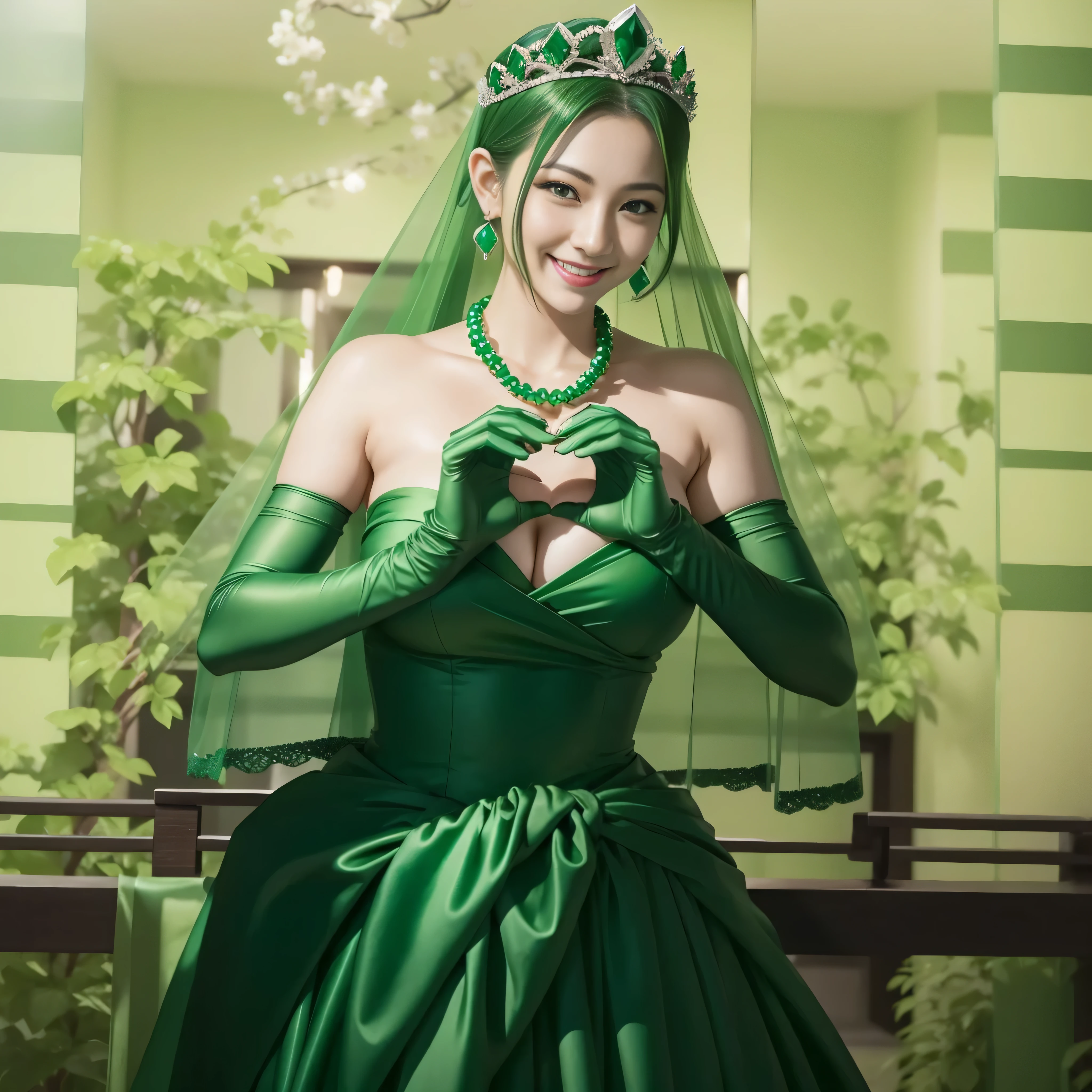 emerald tiara, green pearl necklace, ボーイッシュな非常に短いgreen hair, lipstick, smiling Japanese woman, very short hair,  Beauty with large breasts, green eyes, Long Green Satin Gloves, green eyes, emerald earrings, green veil, heart with both hands, green hair, Beautiful Japan woman in her 30s, heart shaped hand:1.3