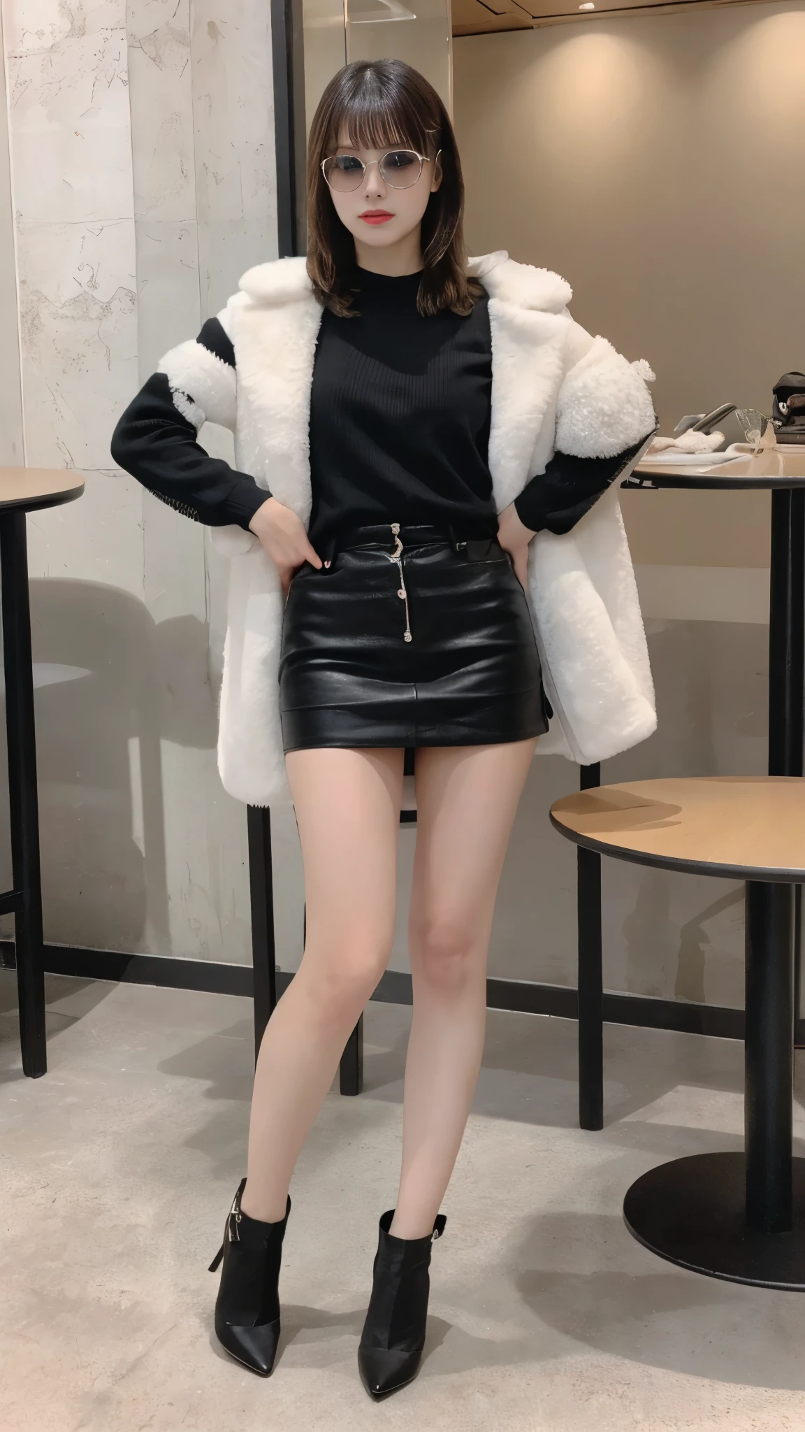 table top, highest quality, figure, super detailed, finely, High resolution, 8k wallpaper, 完璧なダイナミックな構figure, beautiful and fine eyes, woman's fashion fluffy winter clothes,Wearing sunglasses,medium hair,small breasts natural color lip, bold sexy pose、20 year old girl、cute、sexy shot looking at camera,RAW photo,anatomically correct body,blur the background,perfect and beautiful face,KPOP idol face,Slim face and body、Wearing a black miniskirt,Wearing black high heels,sitting in a chair,