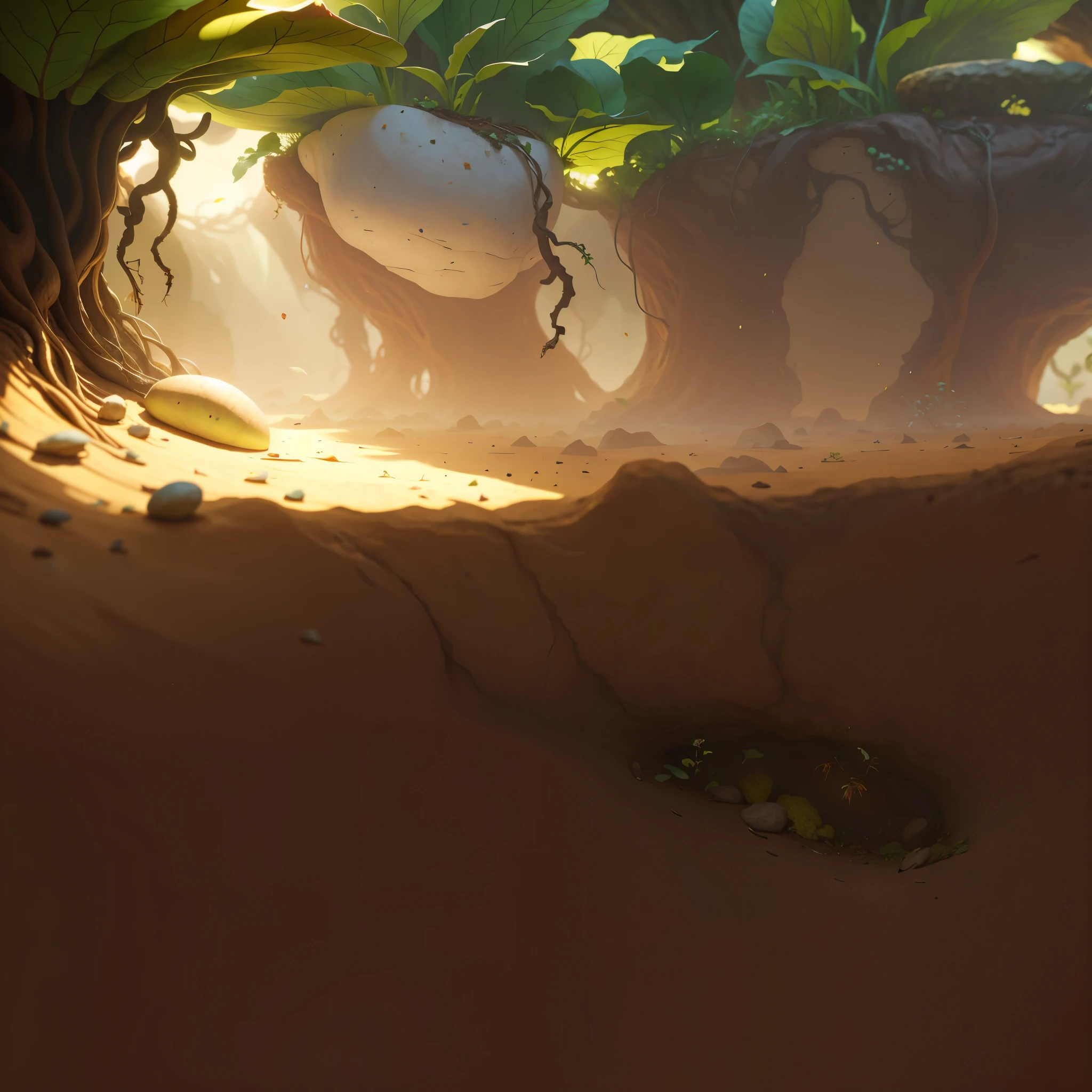 Realistic，Microcosm，big leafs，root system，earthy，earthy地面。