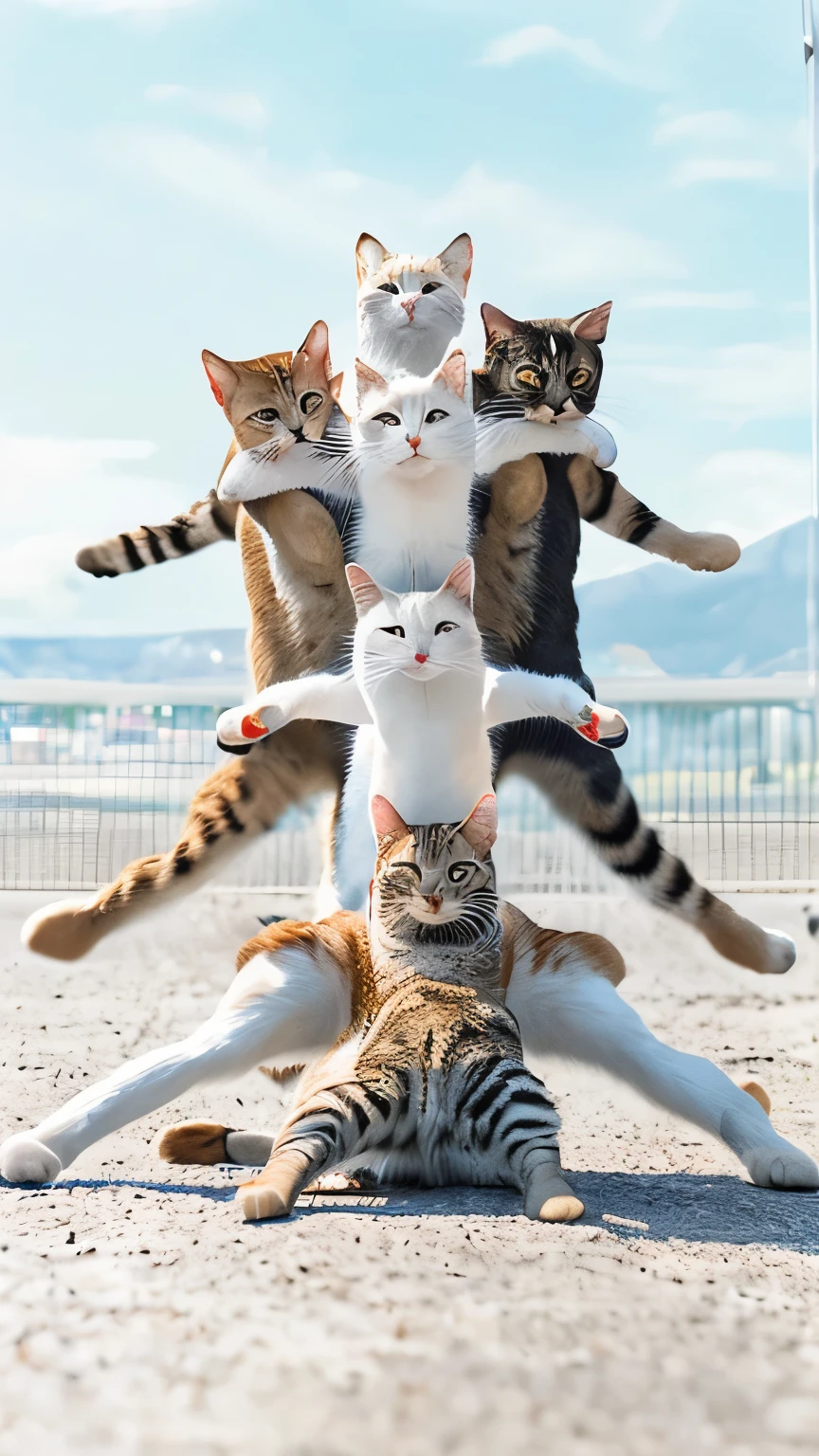 Cat, cute愛らしい ((Cat)) ,公園でmultipleのCatがストレッチをしている, like a human, ((multiple)), (((6 horses))), various, (((personification))), (((Team gymnastics))), acrobatic pose, 真剣にTeam gymnasticsをしている, 真剣なfaceつき, (very detailed, HD), リアルなCat, humor, Grass, four corners, high octane, 8K, High resolution, dramatic lighting, sharp focus, written boundary depth, masterpiece, highest quality, 3D, reality的な, fine texture, face,  8K, professional photos, delicate, clear, sunlight,  masterpiece, ((cute)), (reality),  round pupil