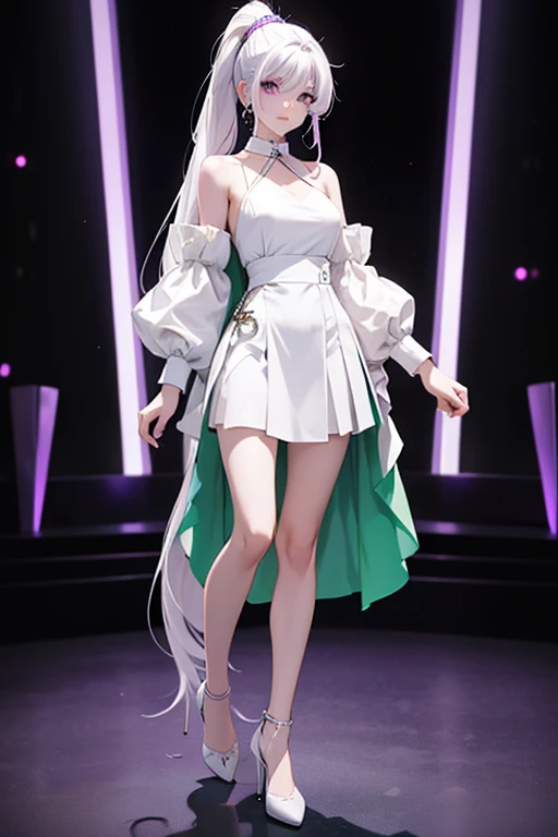 martina,purple eyes, white hair, very long hair, ponytail, Hair ring, Green collar, O-ring top, white high heels。Standing posture,for the audience。full body picture