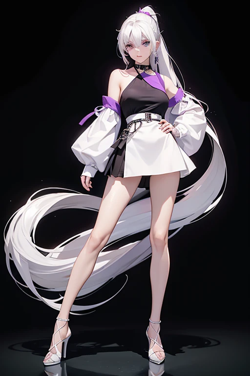 martina,purple eyes, white hair, very long hair, ponytail, Hair ring, Green collar, O-ring top, white high heels。Standing posture，for the audience。full body picture