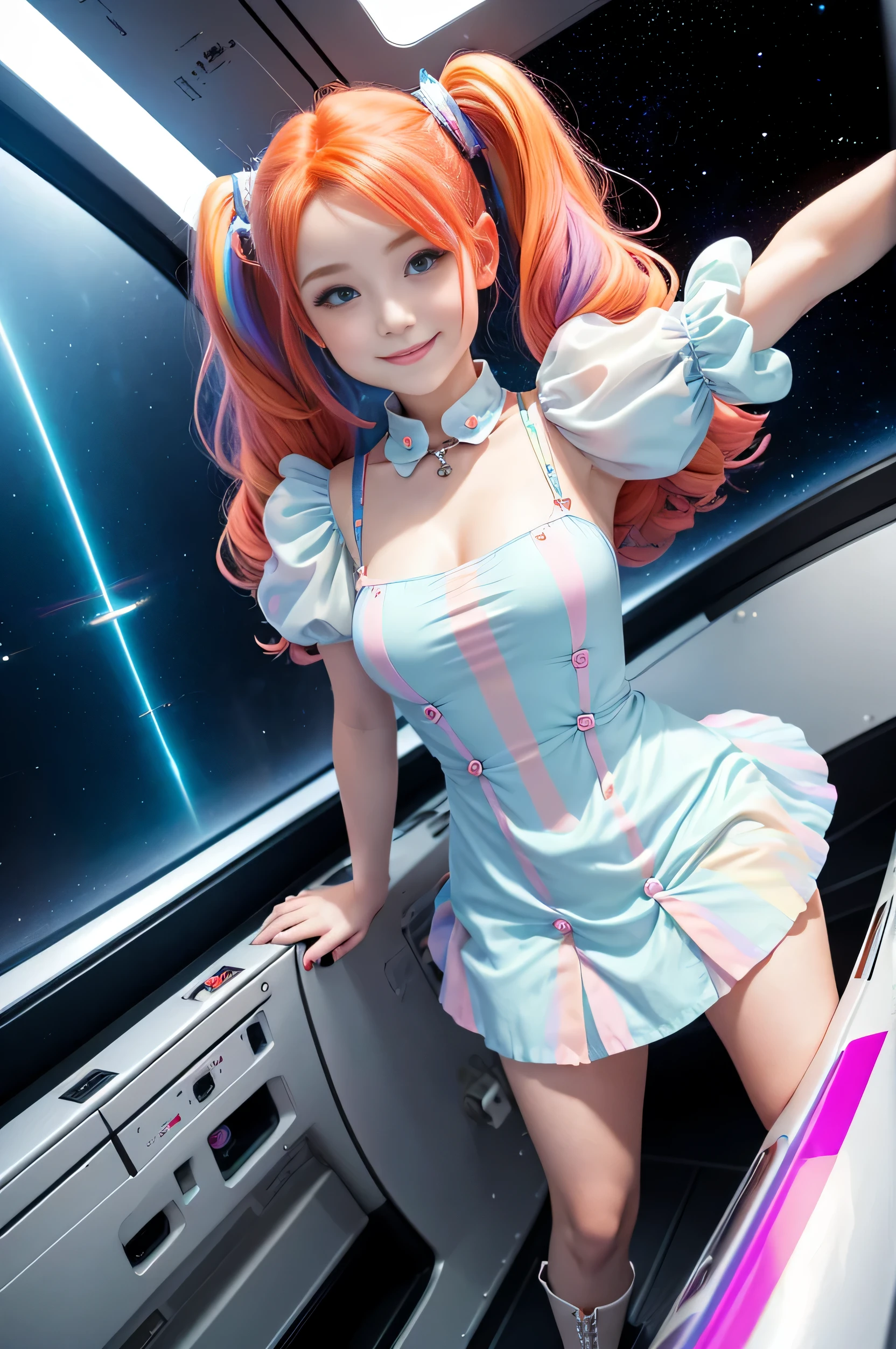 (overhead view) Cute redhead with rainbow colored hair tips, ribbons in her hair, 18-year-old woman, happy, smiling, in twin tails, perfect eyes, clear sparkling blue eyes, pale skin, silky smooth skin, flying a fancy metal luxurious space ship, futuristic cockpit, she's a pilot, outer space seen in windows, dark warm lighting, wearing a futuristic party dress, pleated (chemise) mini dress (pastel rainbow colors, and polka dots), puffy sleeves, silk, pantyhose, cute short cut booties, boots.