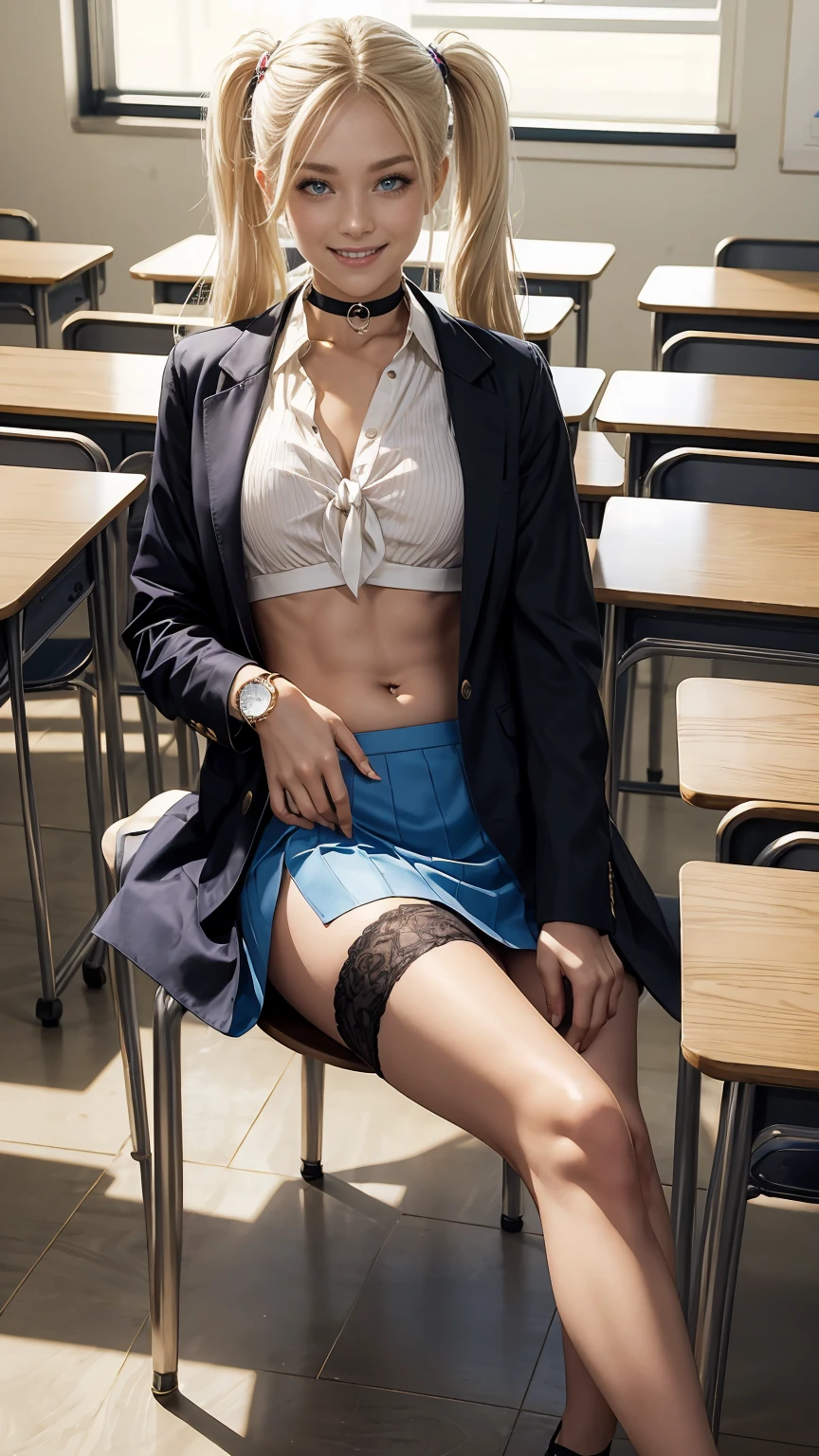 25-year-old Caucasian woman、platinum blonde、blue eyes、semi-long、Has twin tails、my hair is wavy、accessories on the wrist、wearing a choker、smile、I can see the belly button、My abs are cracked、smile、slim muscular body、I don't want my head to disappear from the screen.、I'm wearing a jacket、wearing a tie-front shirt、She's wearing a low-rise blooming skirt.、I'm wearing black stockings、I'm wearing pin heels、I'm in a classroom at an American school.、sitting in a chair、smile