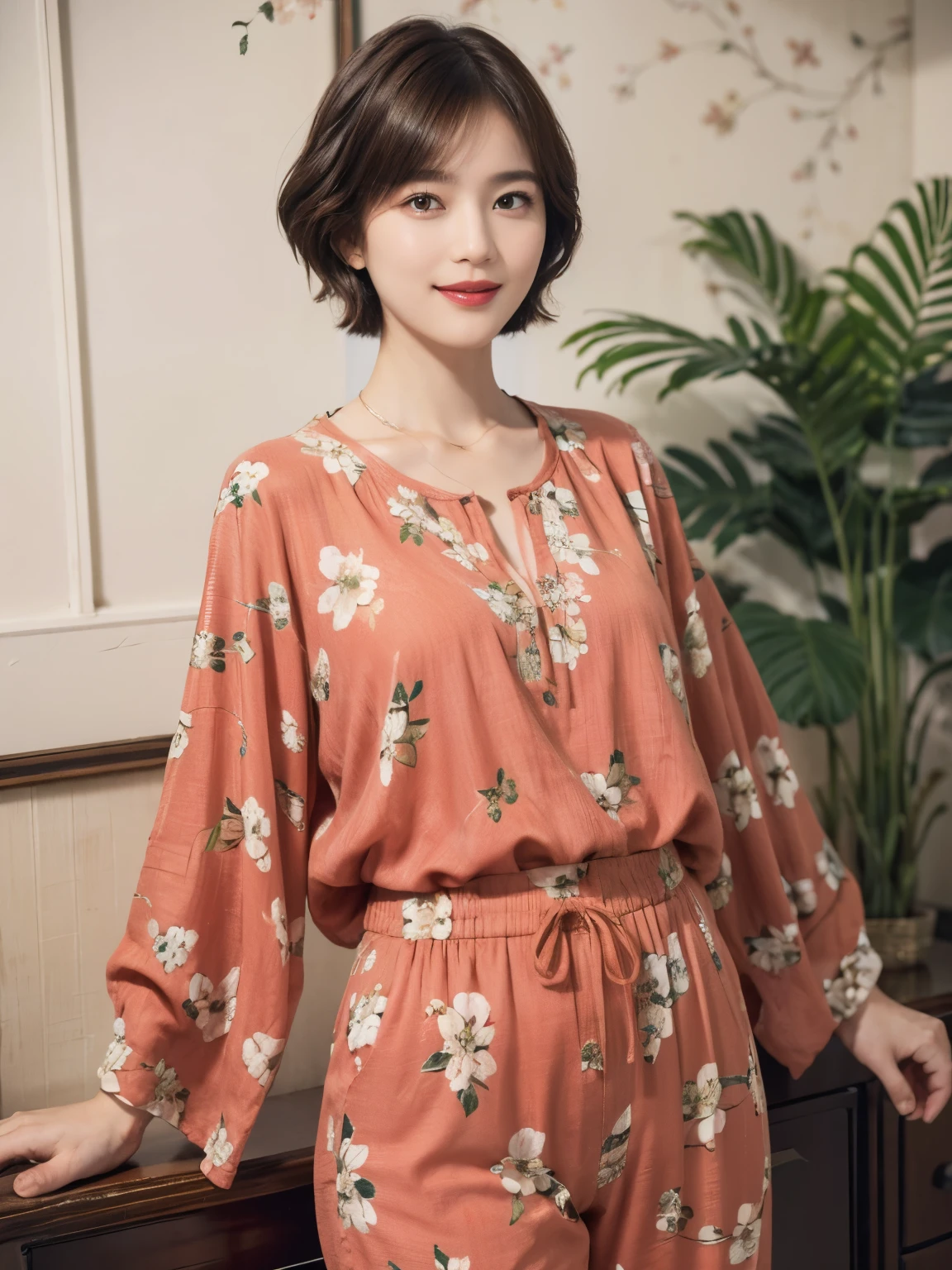 149
(20 year old woman,floral print outfit,pants), (Super realistic), (high resolution), ((beautiful hairstyle 46)), ((short hair:1.46)), (gentle smile), (brest:1.1), (lipstick)
