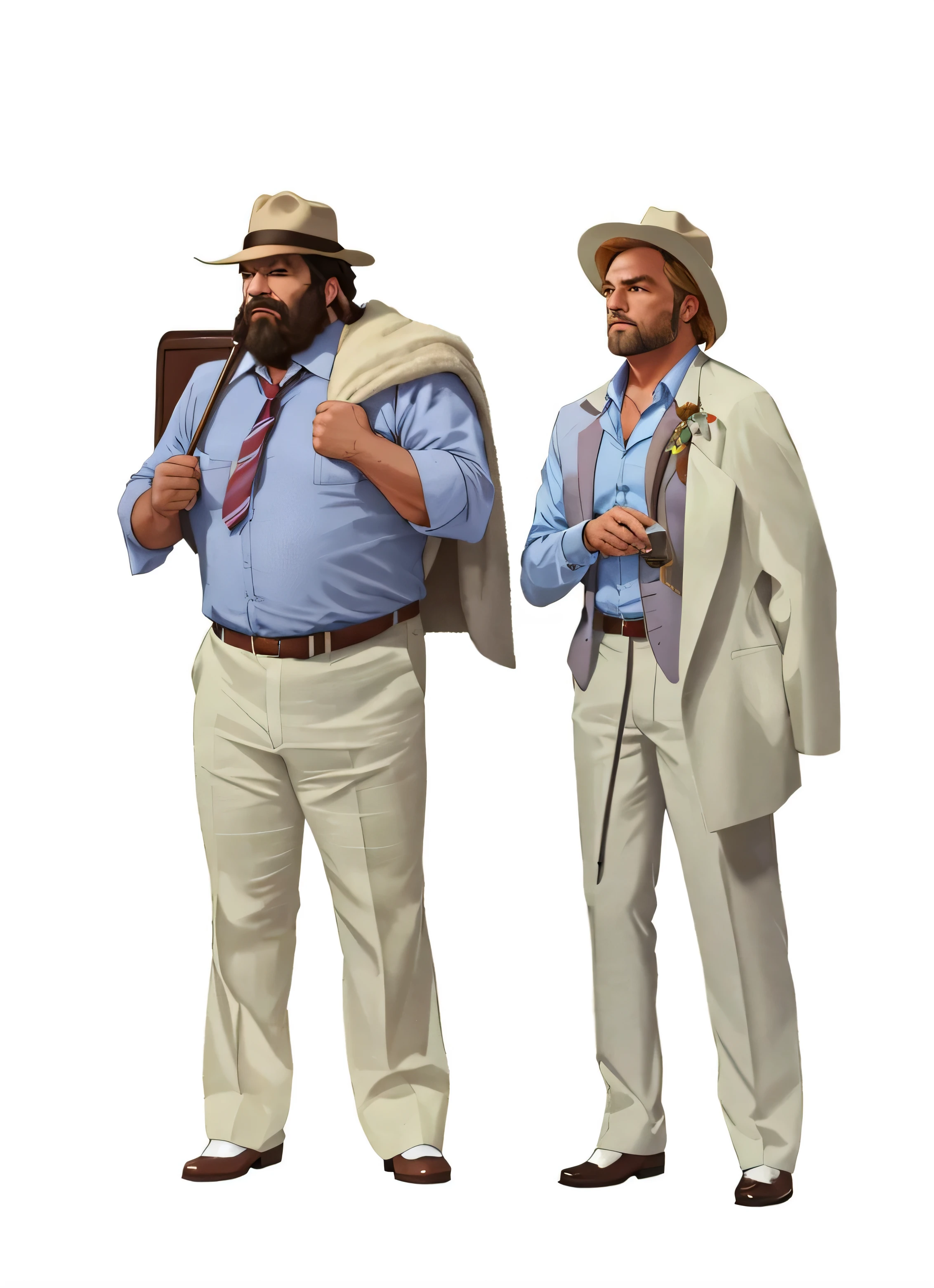 there are two men in suits and hats standing next to each other, hopper and gilleard, two men, dusty and smokey, medium shot of two characters, promo image, wearing white cloths, bud spencer, terence hill