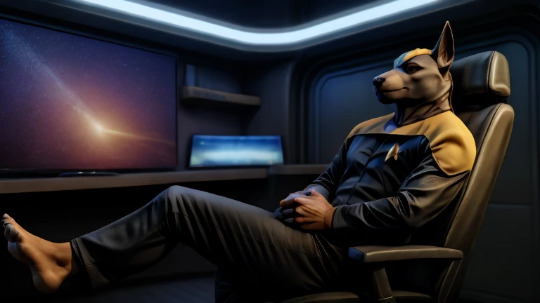 masterpiece, best quality, soft light, bokeh, real shadow, cinematic, The barefoot male muscular furry character resembling Anubis exudes confidence and authority as he sits in the captain's chair, and his red and black Star Trek Voyger uniform with the Starfleet Delta badge on his chest is a perfect match for his full figure. Handsome clawed feet paws dominate the bridge of the ship and its crew. Long black pants and red and black shirt without sleeves. Bridge of starship with many screens and consoles as background. high resolution, anatomically correct, digital art style, photoreal