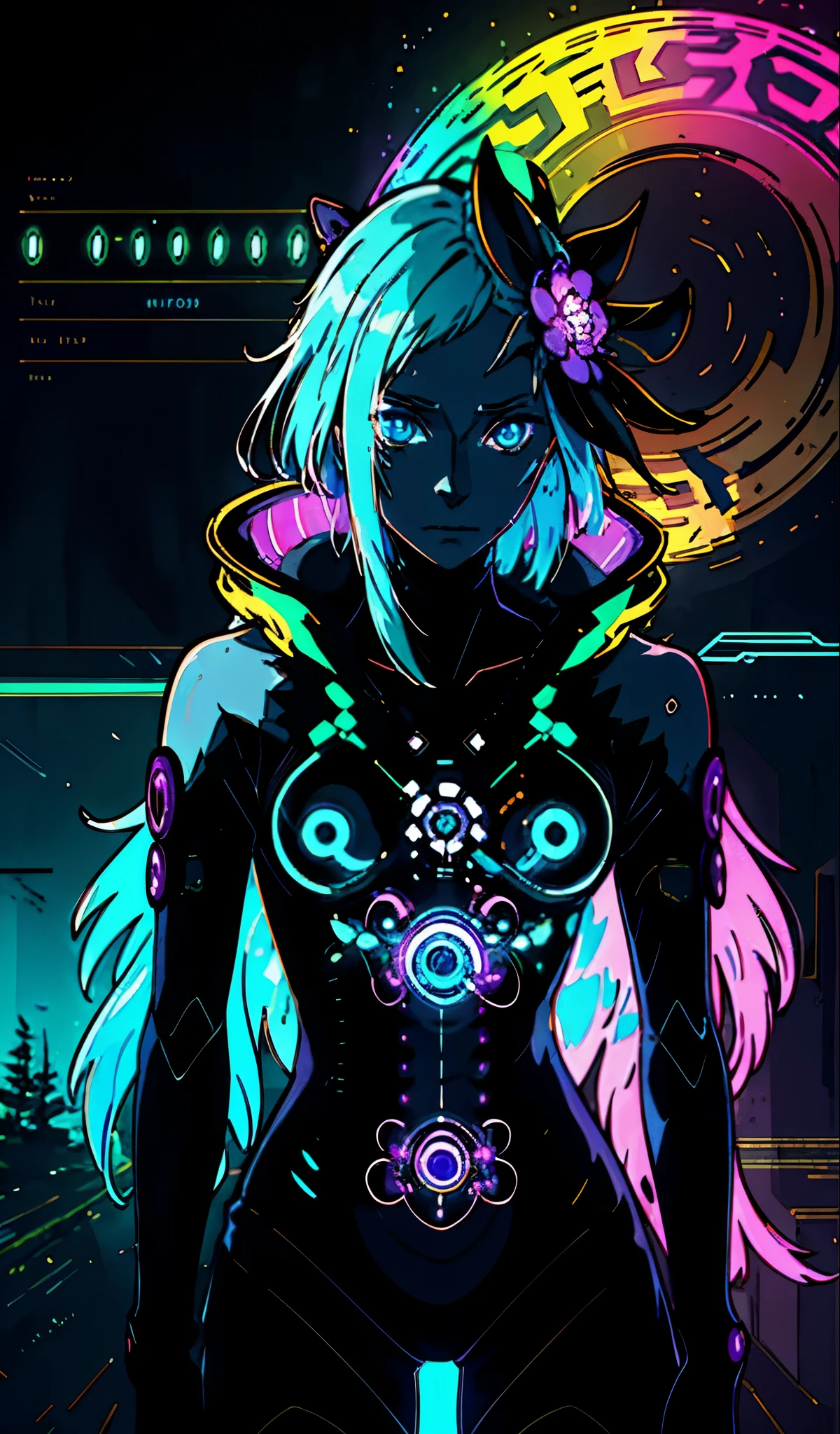 portrait | wide angle shot of eyes off to one side of frame, lucid dream-like woman, looking off in distance ::8 style | daydreampunk with glowing skin and eyes, styled in headdress, beautiful, she is dripping in neon lights, very colorful blue, green, purple, bioluminescent, glowing ::8 background | forest, vivid neon wonderland, particles, blue, green, purple ::7 parameters | rule of thirds, golden ratio, assymetric composition, hyper- maximalist, octane render, photorealism, cinematic realism, unreal engine, 8k