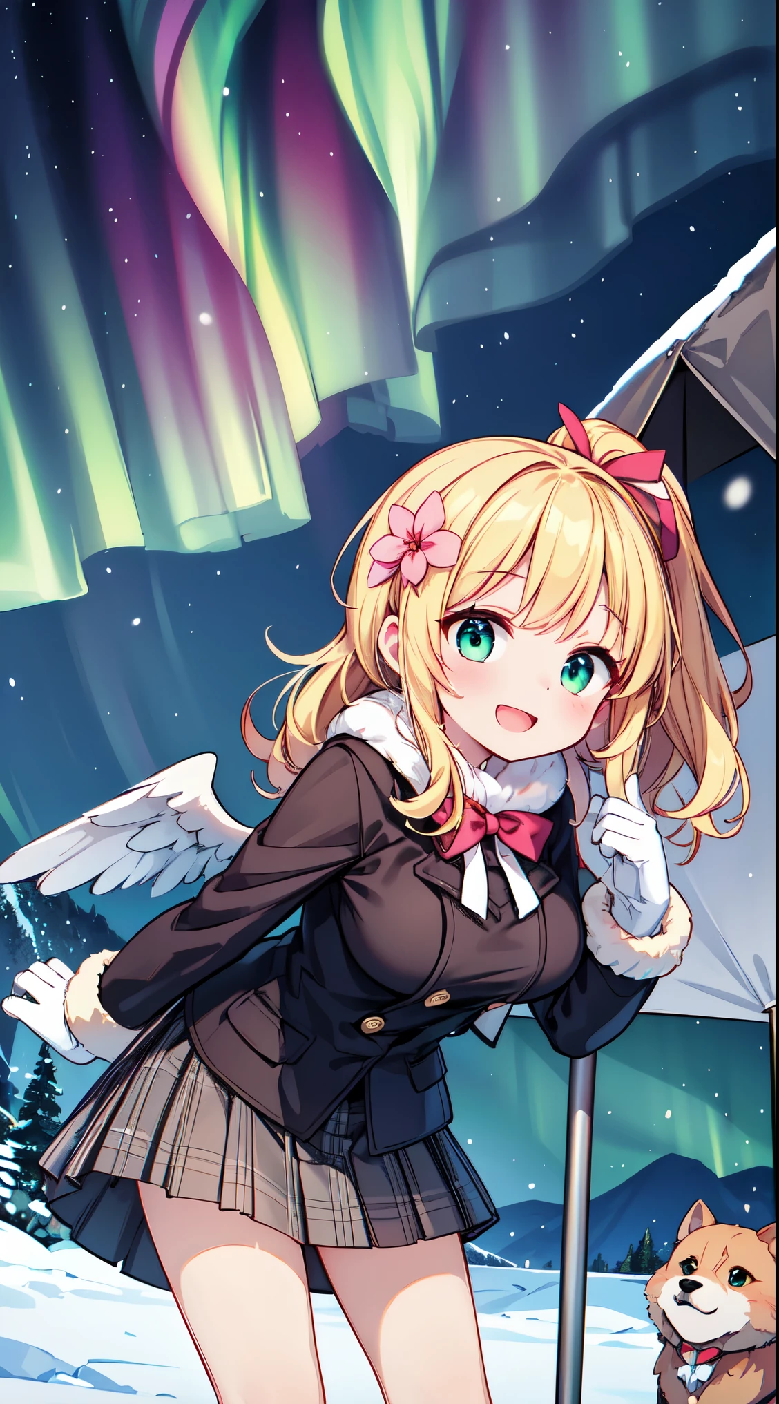 (Masterpiece:0.9), best quality, (illustration, high-resolution:1.1), hyper detail, (cinematic lighting, rich colors), atmospheric,
BREAK, 1 beautiful girl, girl, (cute:1.5),(Little:0.5),(cute:2.0),(change:2.0),(12 year old girl),(big breasts:1.65),(chin hair,blonde,blue bow,green eyes,Eyebrows visible through the hair,side lock,long hair with bangs parted, hair flower, hair ornaments, big ribbon in hair, curly hair, ponytail:1.6),:he, white feathers, one thin white wing, Ang he wings, spread your wings, shining wings),pit \black},glowing skin, beautiful skin, Shining beautiful skin, open your mouth, bashful smile, alone, tooth, upper teeth,(long eyheashes, double eyheids:1.2),alone, glowing skin, beautiful skin, Shining beautiful skin,(highest quality face),(highest quality shining eyes),(:d),
BREAK
(wearing winter coat with white fluffy fur, checked skirt, winter mittens:1.4),
BREAK
standing, (leaning forward:1.3), looking at viewer,
BREAK nose blush, smile, open mouth,
BREAK
(winter, snowy, ice, mountains, night:1.2), (under the aurora:1.5), hills, montane, in winter, outdoors, at midnight, night scenery, night sky, full of stars, milky way, aurora, snow field, small camping tent, ((A girl and a dog sit side by side, looking up at the night sky)),
BREAK
(perfect anatomy, perfect arms, perfect hand, perfect finger, perfect legs:1.3)
BREAK,wakame,wakame,wakame, (from below:1.2), cowboy shot,
BREAK,(Blurry background:1.3),(absurderes, hight resolution, Super Detail Art),cel shading,Clear Color, Lonely optical effect, Beautiful pictures, Bright glow, mystic atmosphere,Mystical light particle effect,manga influence, clean line drawings,