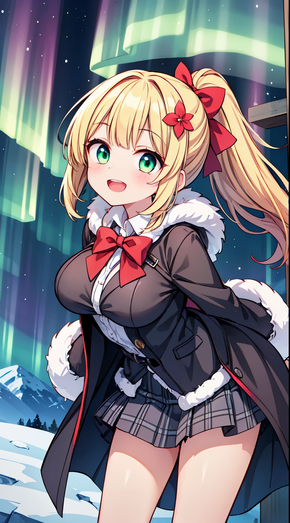(Masterpiece:0.9), best quality, (illustration, high-resolution:1.1), hyper detail, (cinematic lighting, rich colors), atmospheric,
BREAK, 1 beautiful girl, girl, (cute:1.5),(Little:0.5),(cute:2.0),(change:2.0),(12 year old girl),(big breasts:1.65),(chin hair,blonde,blue bow,green eyes,Eyebrows visible through the hair,side lock,long hair with bangs parted, hair flower, hair ornaments, big ribbon in hair, curly hair, ponytail:1.6),:he, white feathers, one thin white wing, Ang he wings, spread your wings, shining wings),pit \black},glowing skin, beautiful skin, Shining beautiful skin, open your mouth, bashful smile, alone, tooth, upper teeth,(long eyheashes, double eyheids:1.2),alone, glowing skin, beautiful skin, Shining beautiful skin,(highest quality face),(highest quality shining eyes),(:d),
BREAK
(wearing winter coat with white fluffy fur, checked skirt, winter mittens:1.4),
BREAK
standing, (leaning forward:1.3), looking at viewer,
BREAK nose blush, smile, open mouth,
BREAK
(winter, snowy, ice, mountains, night:1.2), (under the aurora:1.5), hills, montane, in winter, outdoors, at midnight, night scenery, night sky, full of stars, milky way, aurora, snow field, small camping tent, ((A girl and a dog sit side by side, looking up at the night sky)),
BREAK
(perfect anatomy, perfect arms, perfect hand, perfect finger, perfect legs:1.3)
BREAK,wakame,wakame,wakame, (from below:1.2), cowboy shot,
BREAK,(Blurry background:1.3),(absurderes, hight resolution, Super Detail Art),cel shading,Clear Color, Lonely optical effect, Beautiful pictures, Bright glow, mystic atmosphere,Mystical light particle effect,manga influence, clean line drawings,