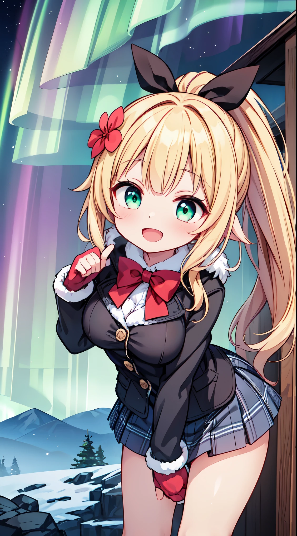 (Masterpiece:0.9), best quality, (illustration, high-resolution:1.1), hyper detail, (cinematic lighting, rich colors), atmospheric,
BREAK, 1 beautiful girl, girl, (cute:1.5),(Little:0.5),(cute:2.0),(change:2.0),(12 year old girl),(big breasts:1.65),(chin hair,blonde,blue bow,green eyes,Eyebrows visible through the hair,side lock,long hair with bangs parted, hair flower, hair ornaments, big ribbon in hair, curly hair, ponytail:1.6),:he, white feathers, one thin white wing, Ang he wings, spread your wings, shining wings),pit \black},glowing skin, beautiful skin, Shining beautiful skin, open your mouth, bashful smile, alone, tooth, upper teeth,(long eyheashes, double eyheids:1.2),alone, glowing skin, beautiful skin, Shining beautiful skin,(highest quality face),(highest quality shining eyes),(:d),
BREAK
(wearing winter coat with white fluffy fur, checked skirt, winter mittens:1.4),
BREAK
standing, (leaning forward:1.3), looking at viewer,
BREAK nose blush, smile, open mouth,
BREAK
(winter, snowy, ice, mountains, night:1.2), (under the aurora:1.5), hills, montane, in winter, outdoors, at midnight, night scenery, night sky, full of stars, milky way, aurora, snow field, small camping tent, ((A girl and a dog sit side by side, looking up at the night sky)),
BREAK
(perfect anatomy, perfect arms, perfect hand, perfect finger, perfect legs:1.3)
BREAK,wakame,wakame,wakame, (from below:1.2), cowboy shot,
BREAK,(Blurry background:1.3),(absurderes, hight resolution, Super Detail Art),cel shading,Clear Color, Lonely optical effect, Beautiful pictures, Bright glow, mystic atmosphere,Mystical light particle effect,manga influence, clean line drawings,